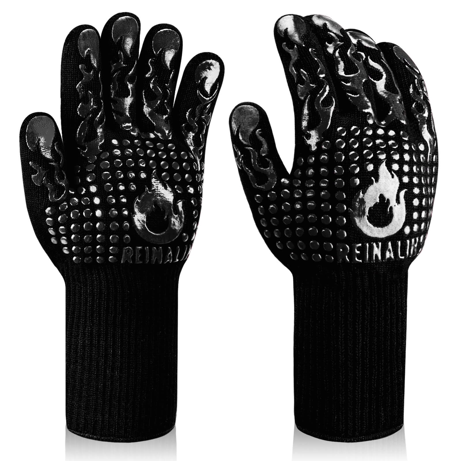 Reinalin Grillhandschuhe Hitzebeständig bis 800°C, Ofenhandschuhe Topfhandschuhe Feuerfeste Handschuhe BBQ Handschuhe Kochhandschuhe Backhandschuhe Backofenhandschuhe (L/XL/XXL, Schwarz)