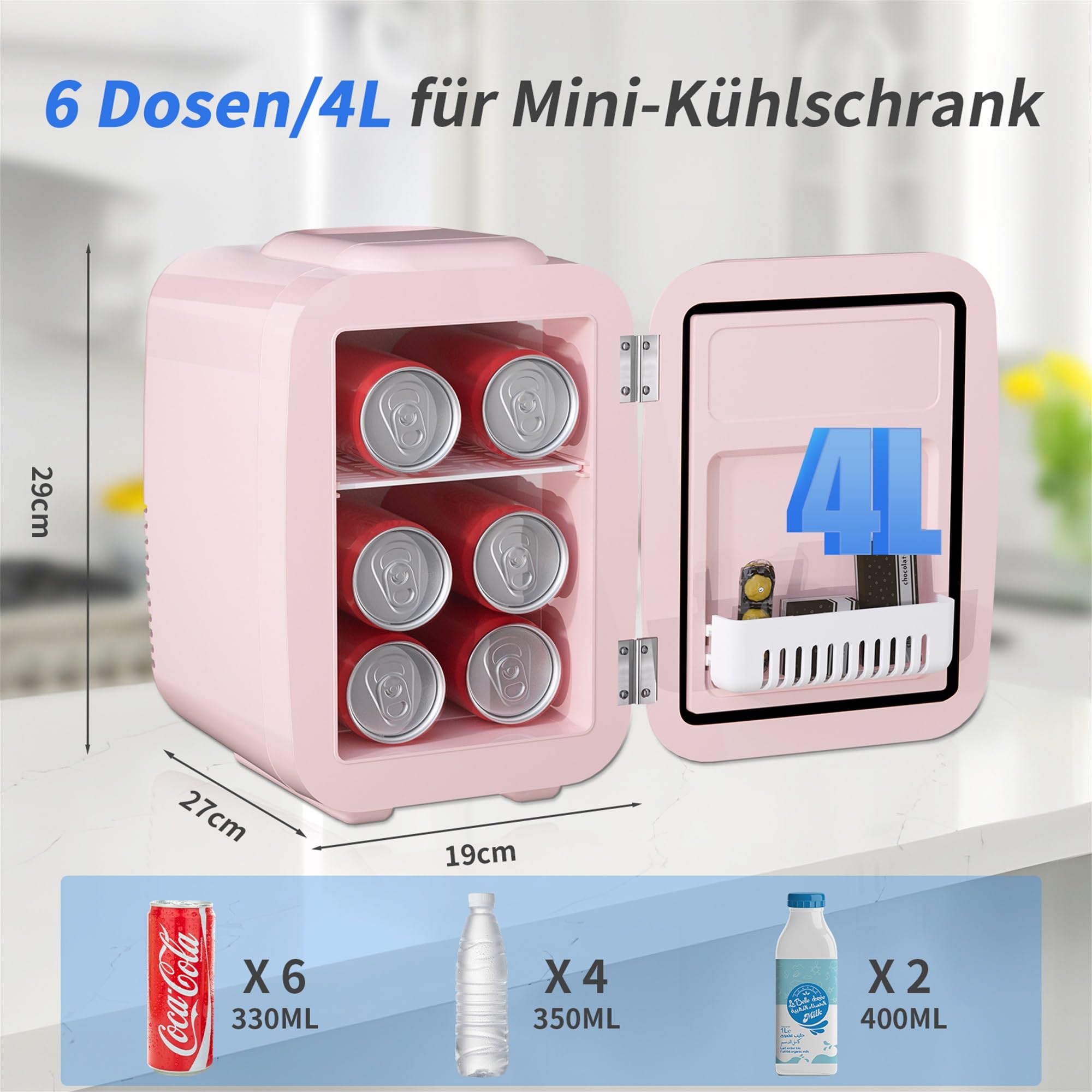 Mini Kühlschrank, 4 Liter Mini-Kühlschränke für Kosmetik, Getränke, 220V AC/ 12V DC Thermoelektrische Kühlung und Erwärmung, Kleiner Kühlschrank für Schlafzimmer, Büro, Wohnheim, Auto