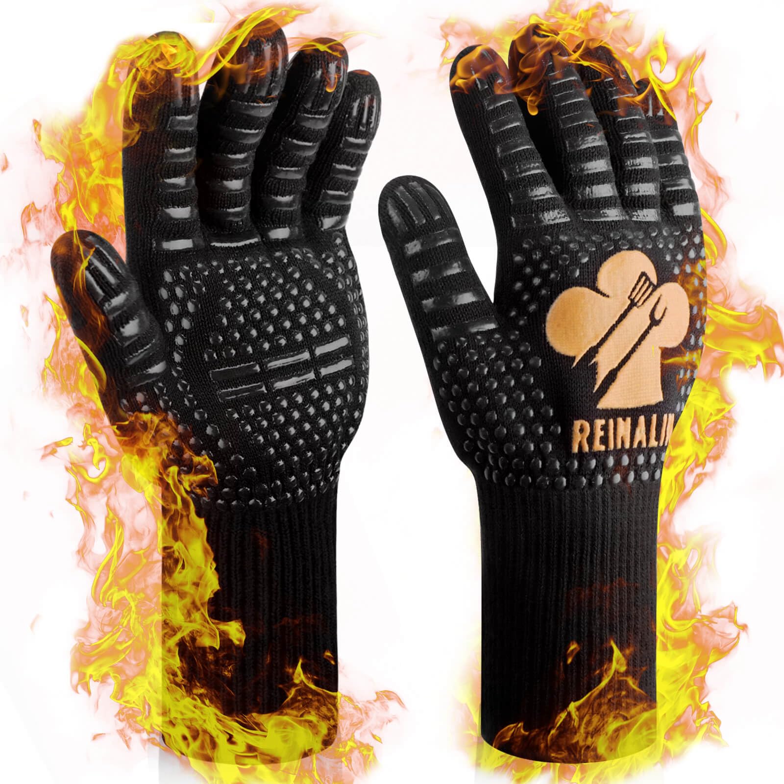 Reinalin Grillhandschuhe Hitzebeständig bis 800°C, Ofenhandschuhe Topfhandschuhe Feuerfeste Handschuhe BBQ Handschuhe Kochhandschuhe Backhandschuhe Backofenhandschuhe (L/XL/XXL, Schwarz)