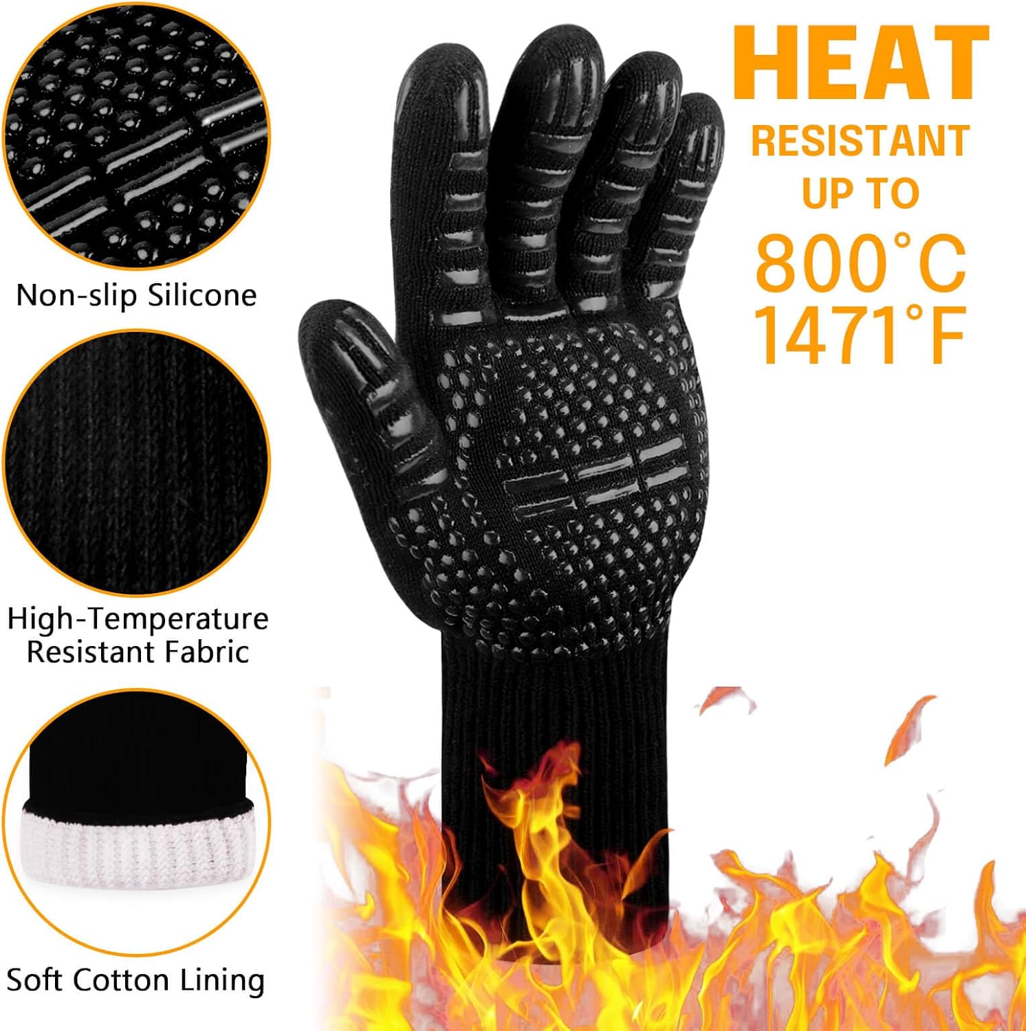 Gants de cuisine Reinalin, résistants à la chaleur jusqu'à 800 °C, gants de four, maniques, gants ignifugés, gants de barbecue, gants de cuisine, gants de pâtisserie (L/XL/XXL, noir)