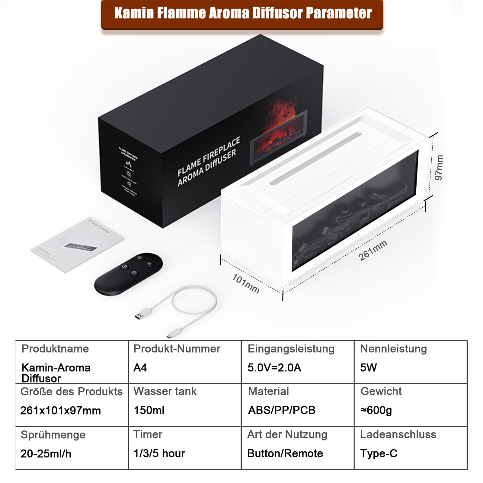 Aroma diffuser with LED chimney, fragrance oil diffuser for essential oils with 7-color light flame effect, 150 ml humidifier with remote control, 4 timers, waterless automatic shut-off