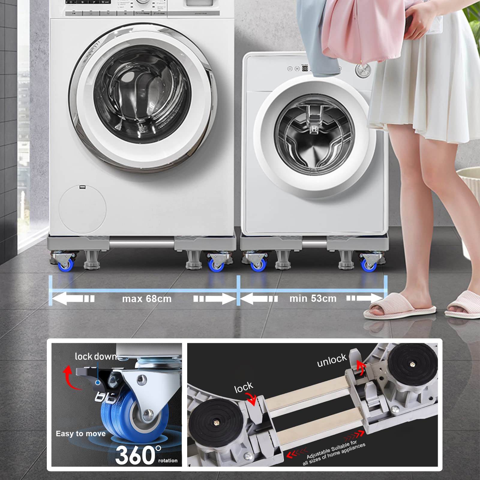 Waschmaschinen Untergestell mit 4 Füßen für Waschwaschine,Kühlschrank und Trockner,Verstellbare Waschmaschinensockel mit Rutschfester Stoßdämpfungsfunktion,(Einstellbare:42-65cm) | Verstellbare Breite 42-65cm Waschmaschinensockel mit Rutschfester St