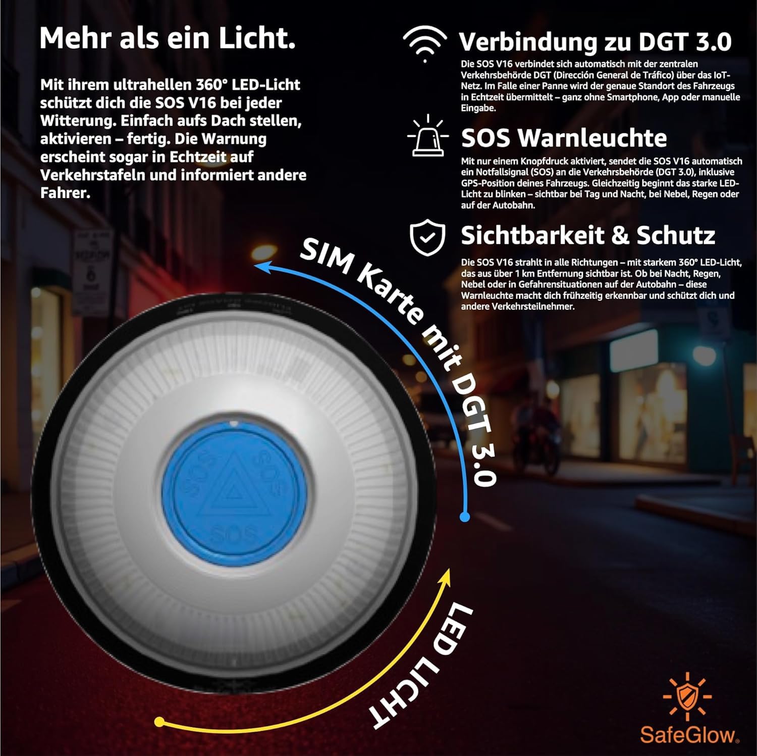 Warnleuchte V16 Notlicht 2026 IDIADA Zulassung Nr. PC21020060 - Warndreieck - Pannendreieck - EU Zulassung - für Auto & Motorrad