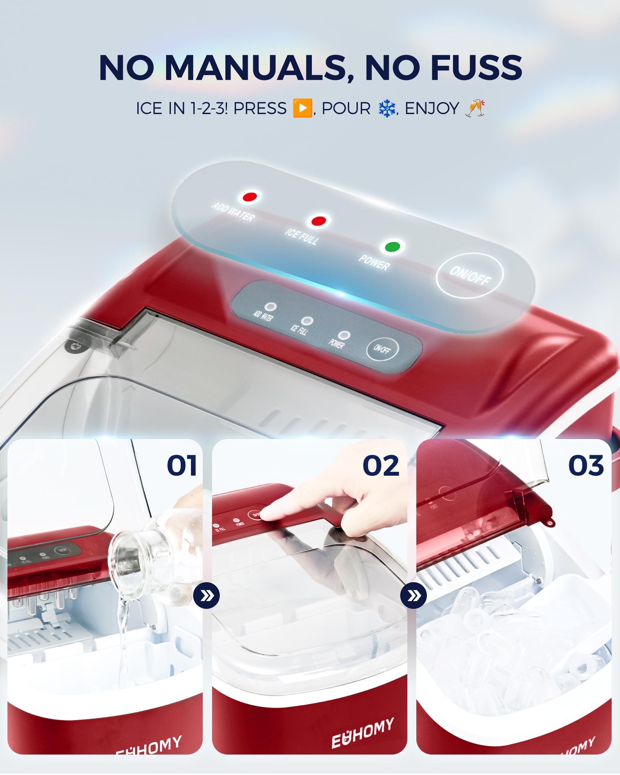 Eiswürfelmaschine Klein, 9 Eiswürfel in 6 Minuten, 12 kg/24H, Eiswürfelmaschine Edelstahl mit Tragbarem Griff, Selbstreinigender Kompakter Eiswürfelmaschinen für Zuhause/Küche/Büro/Bar