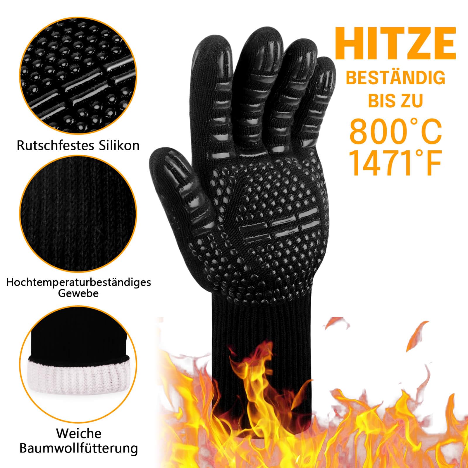Reinalin Grillhandschuhe Hitzebeständig bis 800°C, Ofenhandschuhe Topfhandschuhe Feuerfeste Handschuhe BBQ Handschuhe Kochhandschuhe Backhandschuhe Backofenhandschuhe (L/XL/XXL, Schwarz)