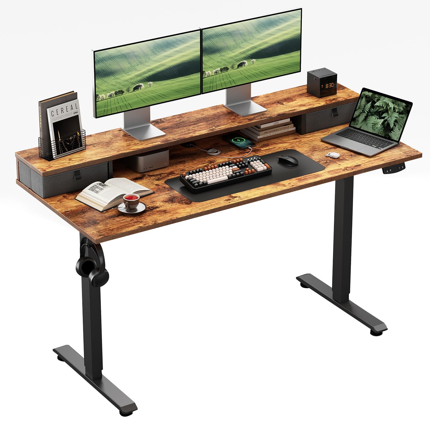 Höhenverstellbarer Schreibtisch mit Doppelschubladen, Elektrisch Höhenverstellbarer Schreibtisch, Sitz-Steh-Computertisch, Ergonomischer Stehschreibtisch