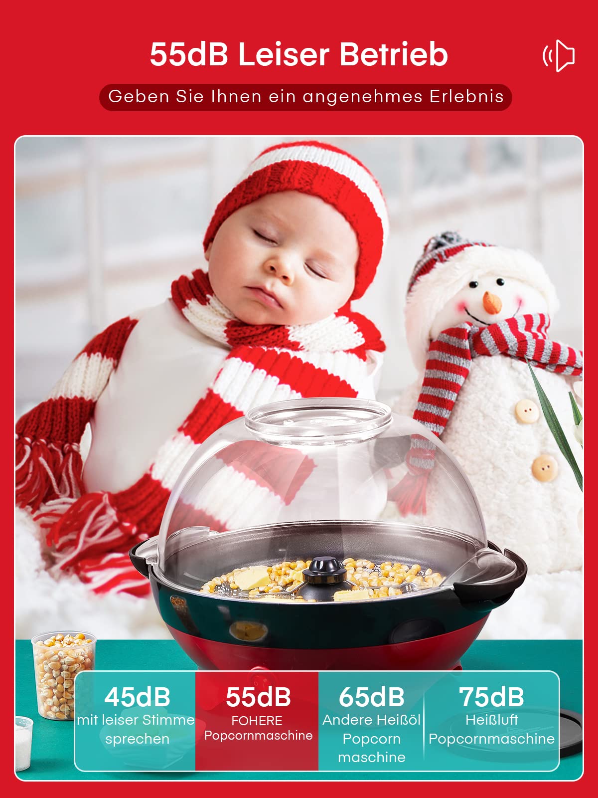 Popcornmaschine,5.5L Popcorn Maker für Zuhause,Popcorn Machine mit Zucker, Butter, Antihaftbeschichtung und Abnehmbares Heizfläche, Stille und Schnelle, Großer Deckel als Servierschale (RED)