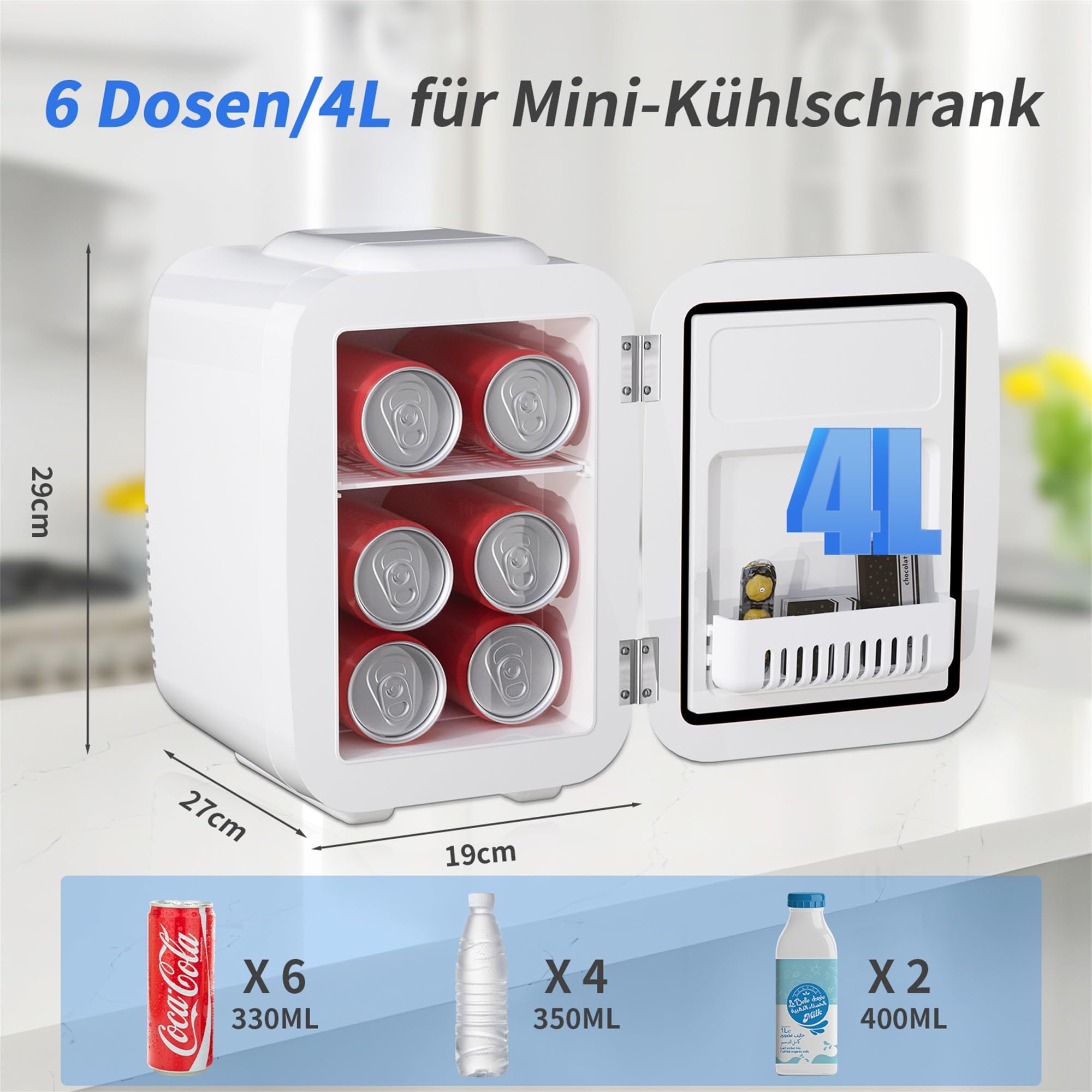 Mini Kühlschrank, 4 Liter Mini-Kühlschränke für Kosmetik, Getränke, 220V AC/ 12V DC Thermoelektrische Kühlung und Erwärmung, Kleiner Kühlschrank für Schlafzimmer, Büro, Wohnheim, Auto