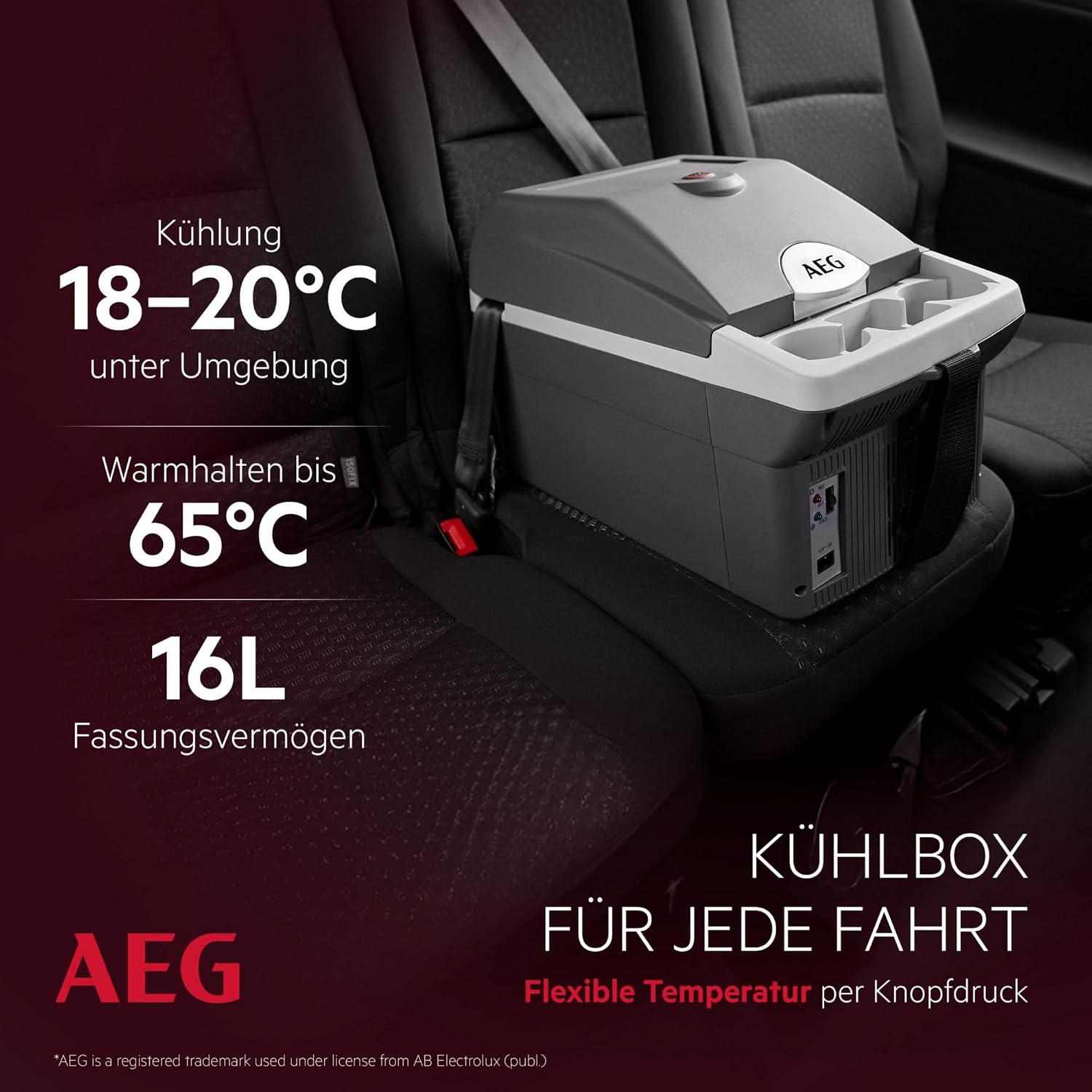 AEG Automotive Board-Bar BK 16 Thermoelektrische Kühl- und Warmhaltebox 16 Liter, 12 Volt für Auto und Steckdose, anschnallbar im PKW, Schwarz,hellgrau