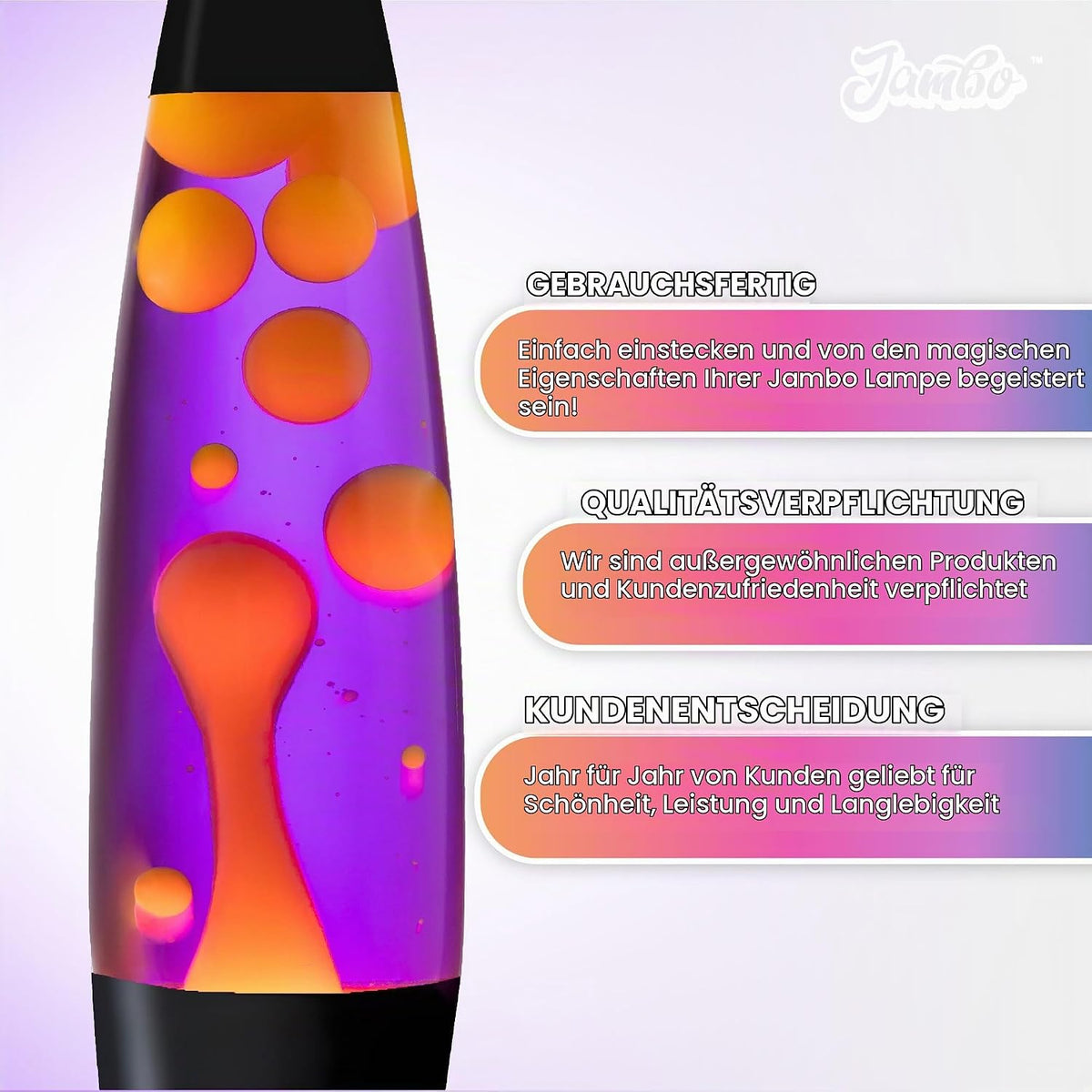 Jambo Liquid-Motion-Lampe mit schwarzem Sockel (Black Base, Purple Liquid, Yellow Wax, 16")