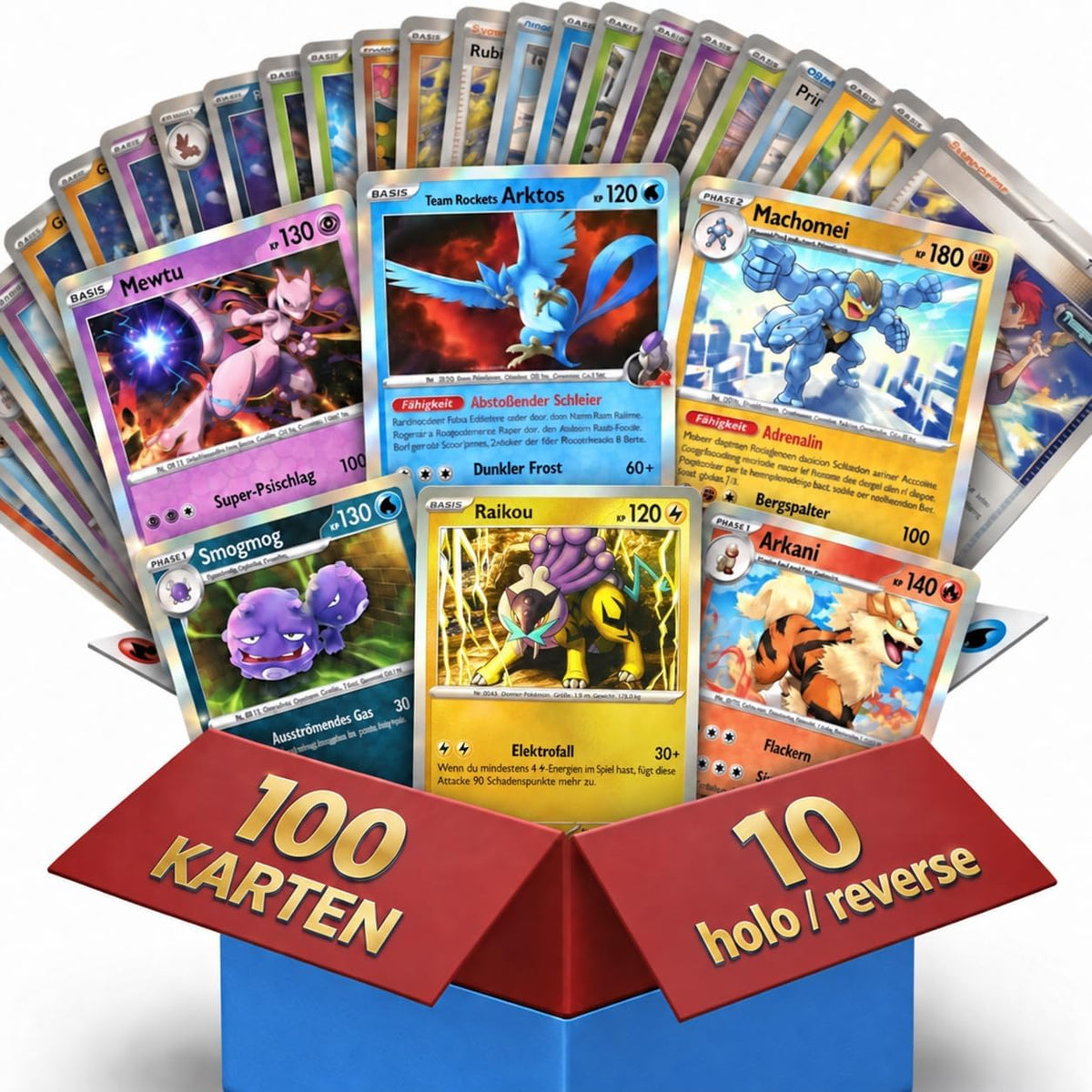 100 x Pokémon Karten Deutsch - 10 Glitzernde Garantiert, Holo und Reverse Holo + 90 Normale