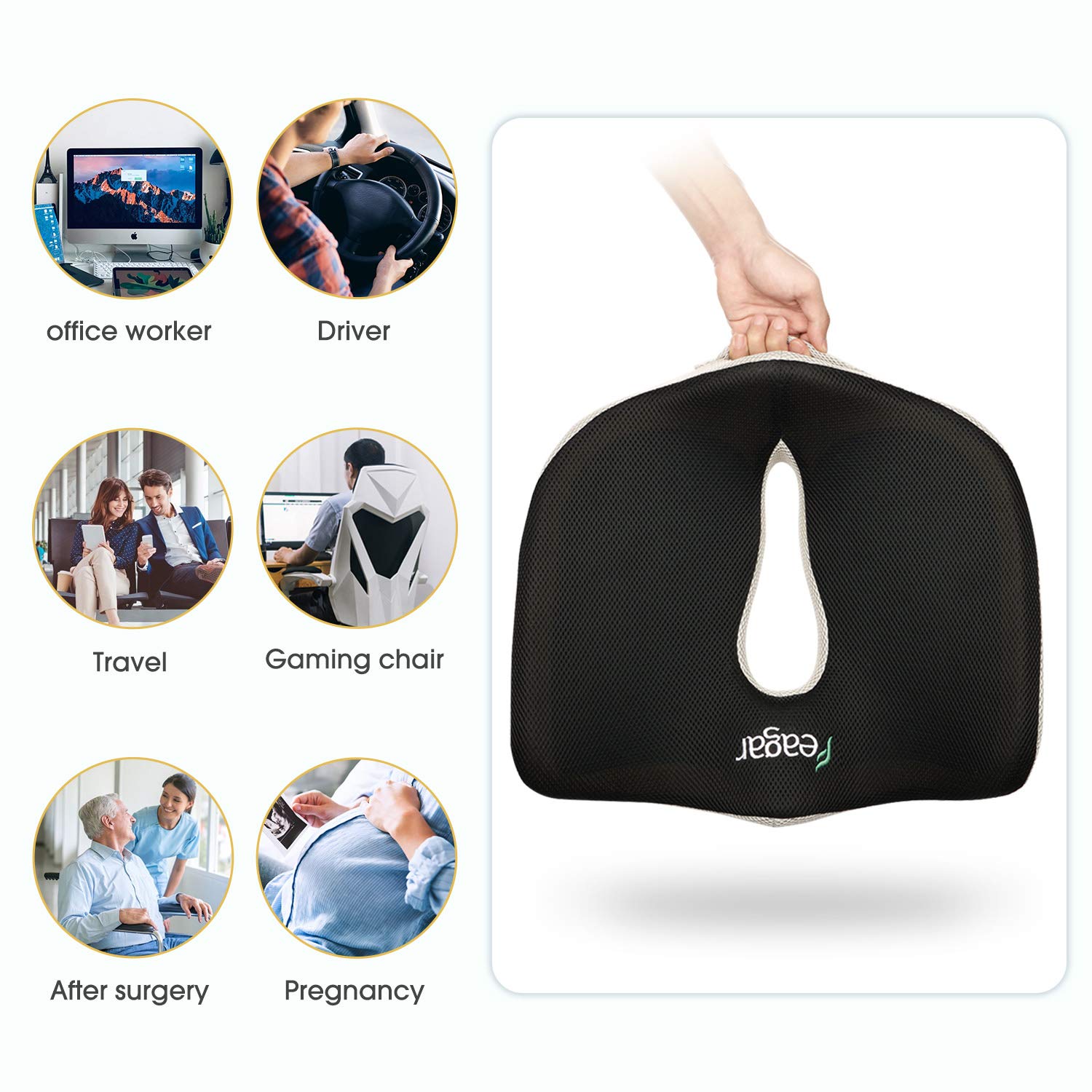 Sitzkissen, Orthopädisches Sitzkissen aus Memory Foam, Ergonomisches Sitzkissen für Bürostuhl /Autositz / Steissbeinkissen Stuhlkissen Sitzkissen Outdoor Zuhause, Schwarz