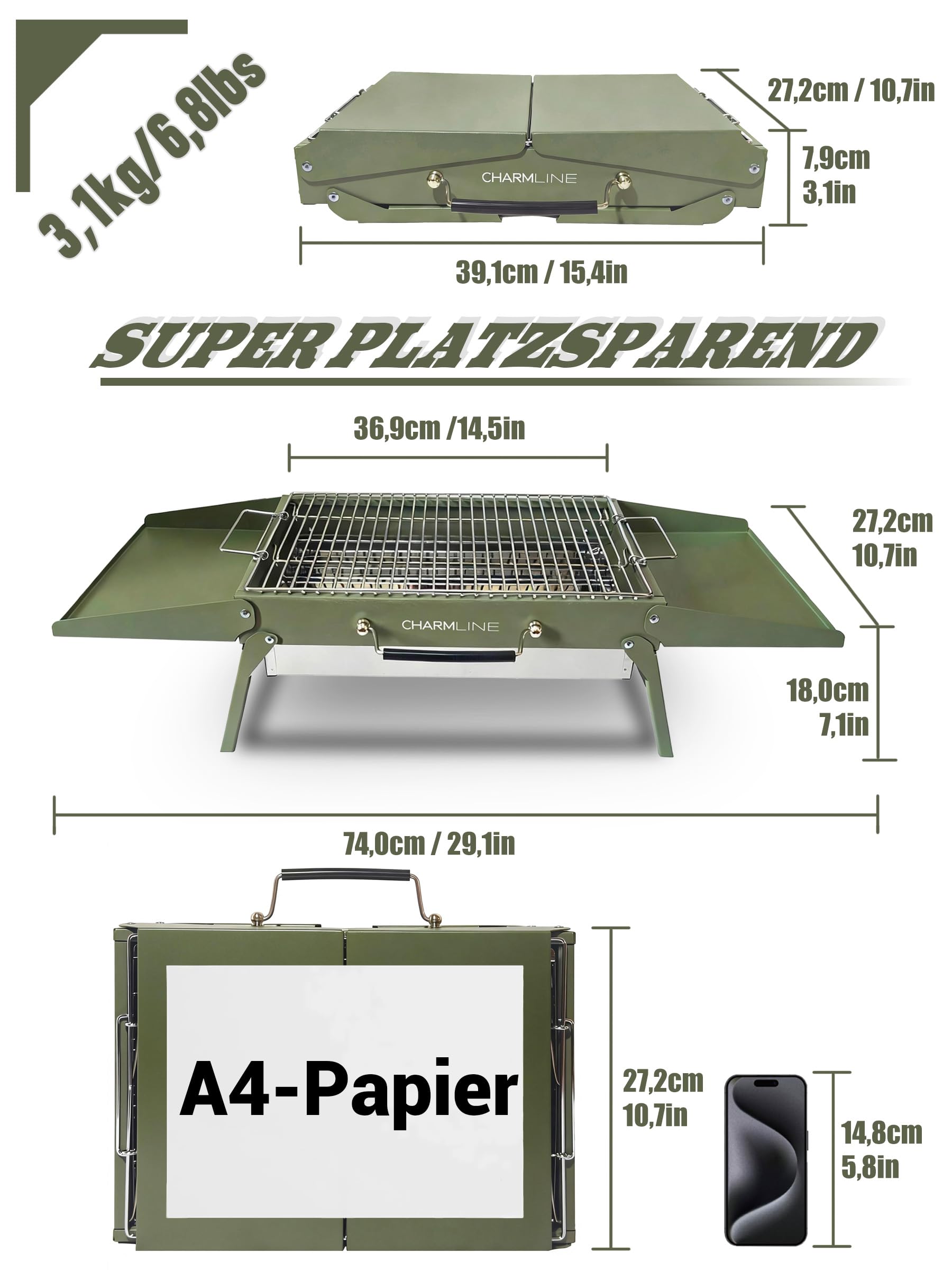 Tragbarer Holzkohlegrill, Klappbarer Campinggrill 35 x 23 cm für 1–3 Personen, Mini BBQ Grill für Balkon, Garten, Camping, Picknick und Strand