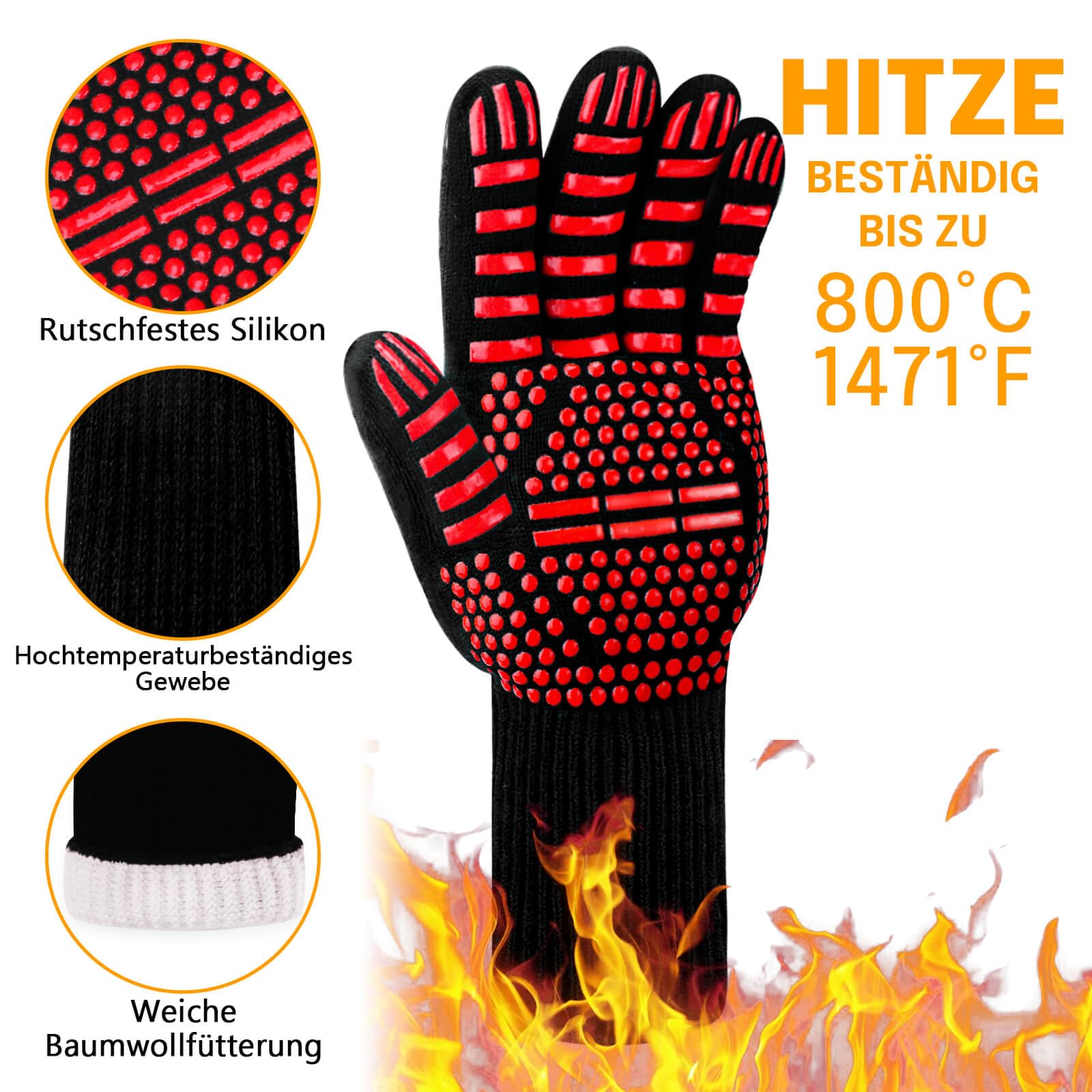 Reinalin Grillhandschuhe Hitzebeständig bis 800°C, Ofenhandschuhe Topfhandschuhe Feuerfeste Handschuhe BBQ Handschuhe Kochhandschuhe Backhandschuhe Backofenhandschuhe (L/XL/XXL, Schwarz)