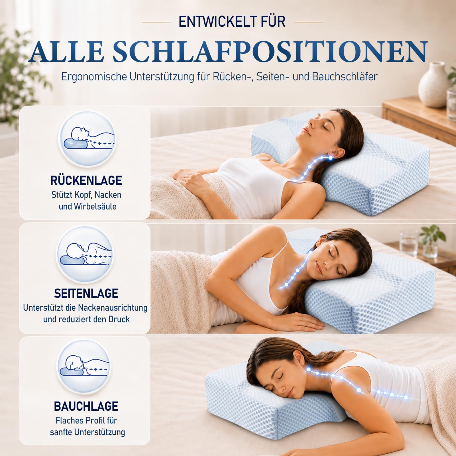 Nackenstützkissen gegen Nackenschmerzen, orthopädisches Kopfkissen, ergonomisches Memory Foam Nackenkissen mit 2 Höhen, Hohlraum & kühlendem Bezug, für Seiten- und Rückenschläfer