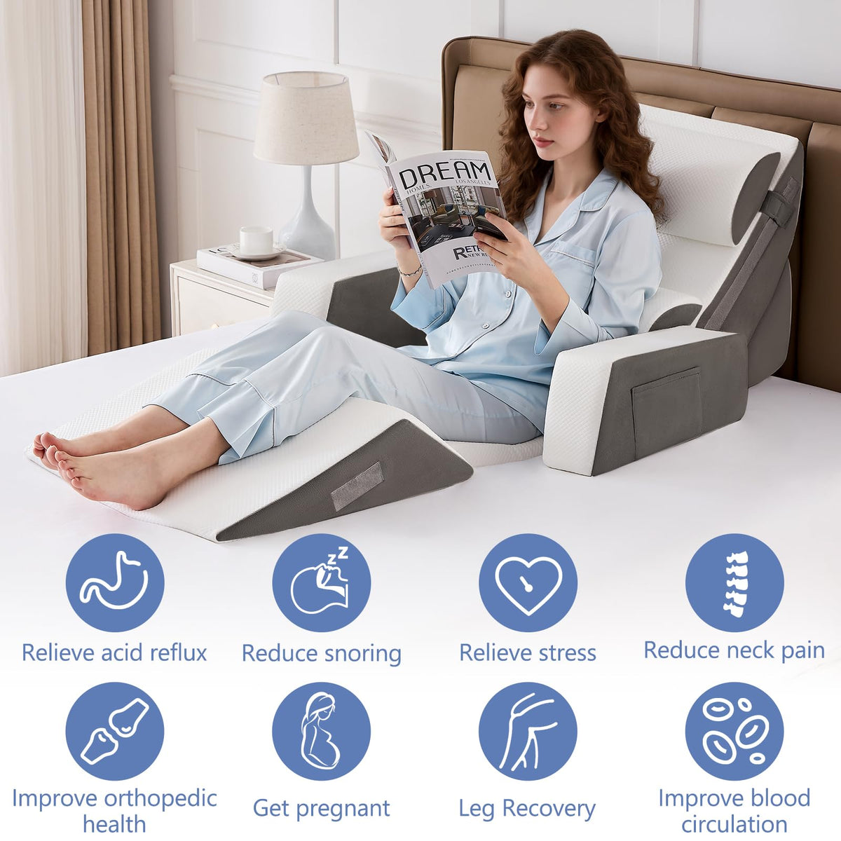 9PCS Orthopädische Bett Keil Kissen Set,Post Chirurgie Schaum Kissen für Körper,Rücken und Beine Schmerzlinderung,Justierbare Stützkissen mit Säure Reflux Bed Wedge Memory Foam Marineblau