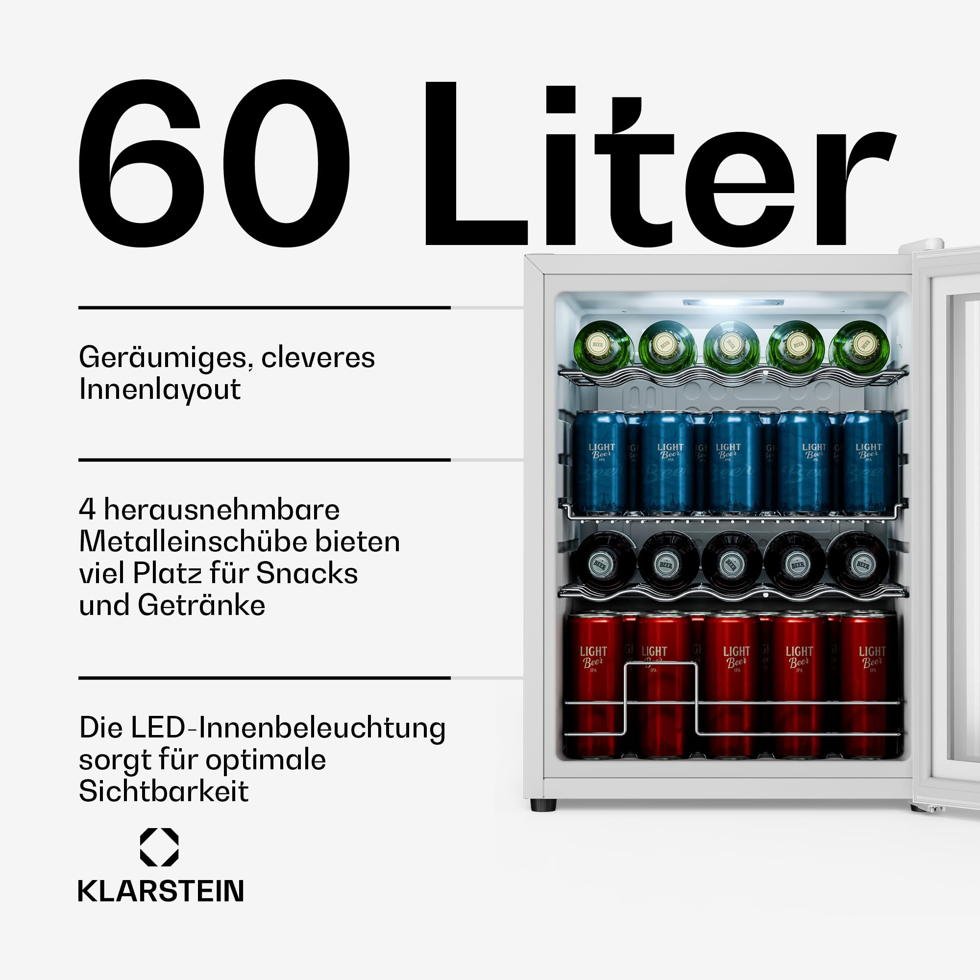 Beersafe Getränkekühlschrank 60 L – Mini Kühlschrank mit Glastür, Kupfer | LED-Beleuchtung, herausnehmbare Metallablagen, leise, Flaschenkühlschrank für Getränke & Dosen