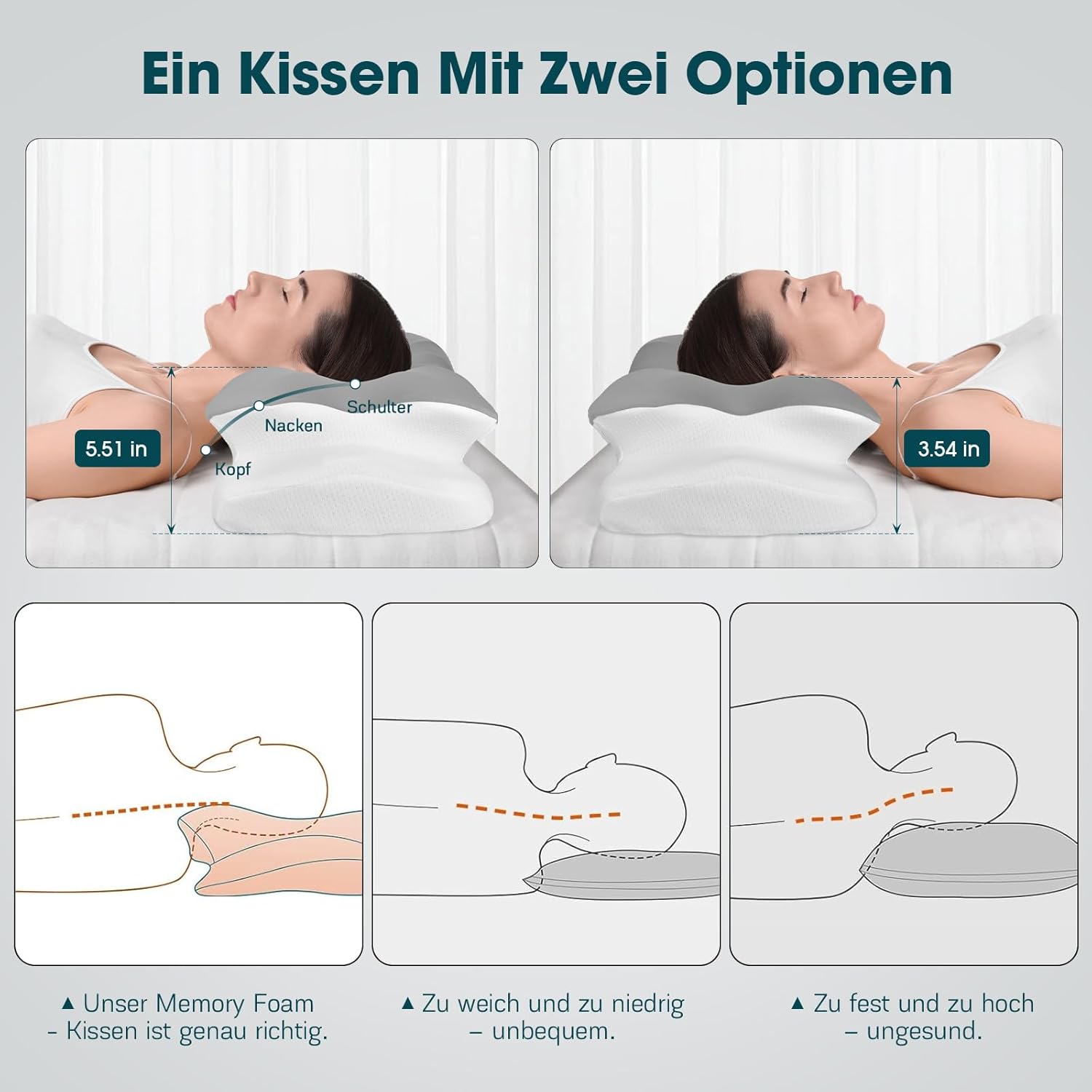 Nackenkissen Kopfkissen, Anti Schnarch Kissen, Memory Foam Kissen Ergonomisches, Nackenstützkissen Orthopädisches, Nackenkissen Seitenschläfer für Seiten, Rücken & Bauchschläfer