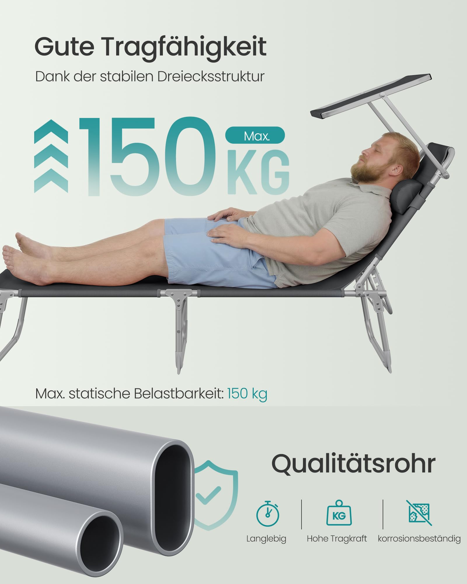 Sonnenliege, klappbarer Liegestuhl, 193 x 53 x 29 cm, trägt bis zu 150 kg, Sonnenschutz, Kopfkissen, verstellbare Rückenlehne, für Garten, Pool, Terrasse