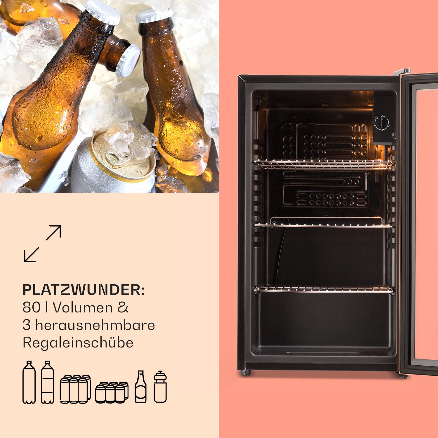 Beersafe Getränkekühlschrank 60 L – Mini Kühlschrank mit Glastür, Kupfer | LED-Beleuchtung, herausnehmbare Metallablagen, leise, Flaschenkühlschrank für Getränke & Dosen