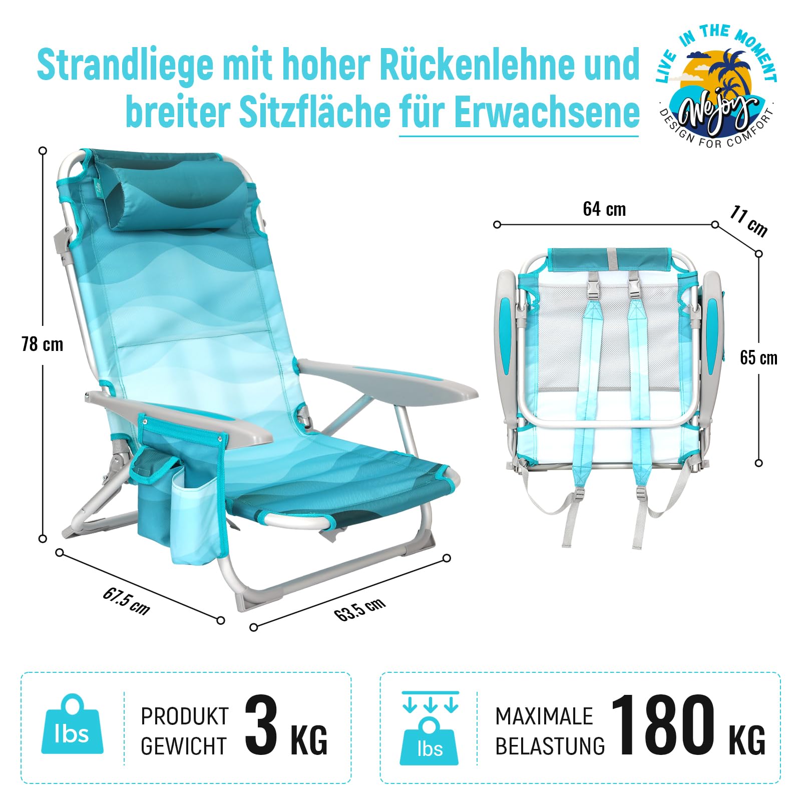 Strandstuhl klappbar Alu Hochlehner Klappstuhl 4 Position Leicht tragbar stabiler Campingstuhl