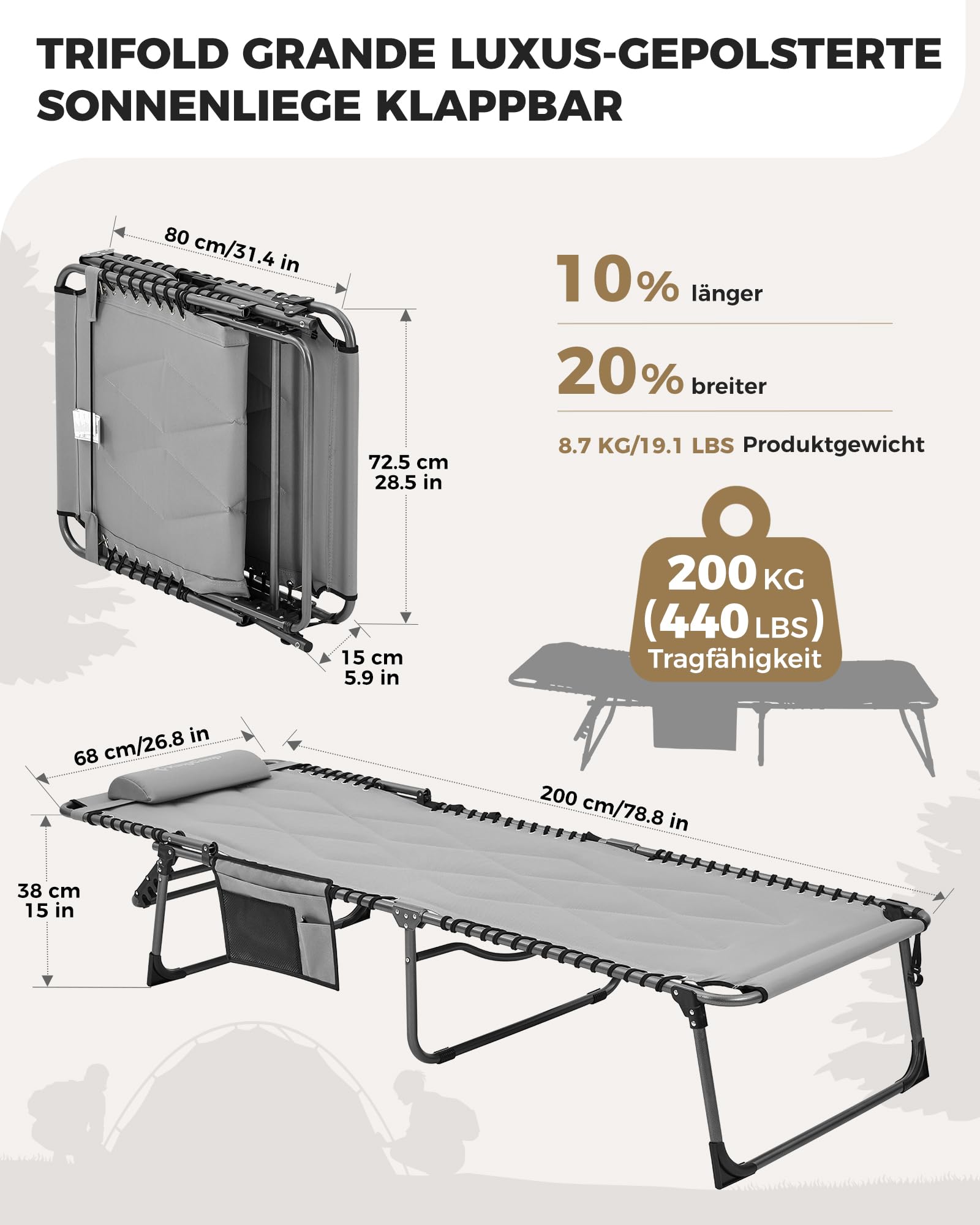 Sonnenliege Klappbar 5-Verstellbare, bis 180 kg, 2er Set, Blau | Gartenliege Klappbar, mit Kopfstütze & Seitentasche, Sonnenliege Wetterfest, Strandliege für Garten Terrasse Pool Camping