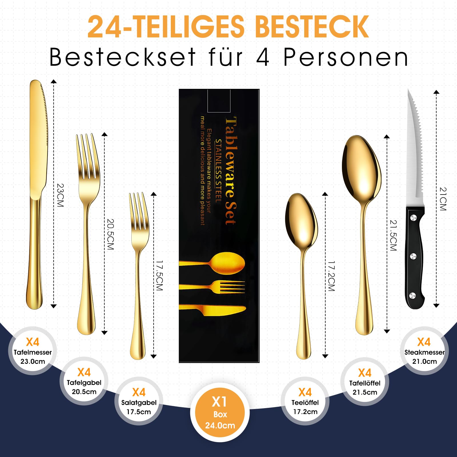 Besteck Set Schwarz für 8 Personen, 48-teiliges Edelstahlbesteckset mit Steakmesser, elegantes Besteck mit Messer, Gabel, Löffel, Besteck für Küche/Restaurant