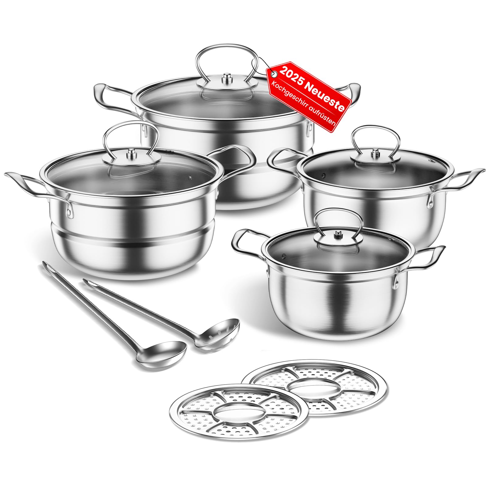 Edelstahl Saucepan Set, 12-teilige Töpfe Set mit Dampfer und Löffel, großes Kochgeschirr, Induktionskochtopf Set, Töpfe Set