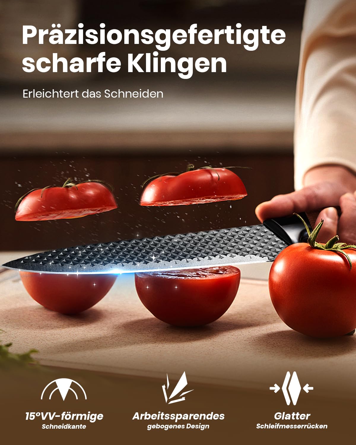 Messerblockset, 7-teiliges scharfes Messerset mit Block, deutsche Klingen aus hochwertigem Edelstahl und ergonomischen Griffen, professionelles Küchenmesserset für den Heimgebrauch