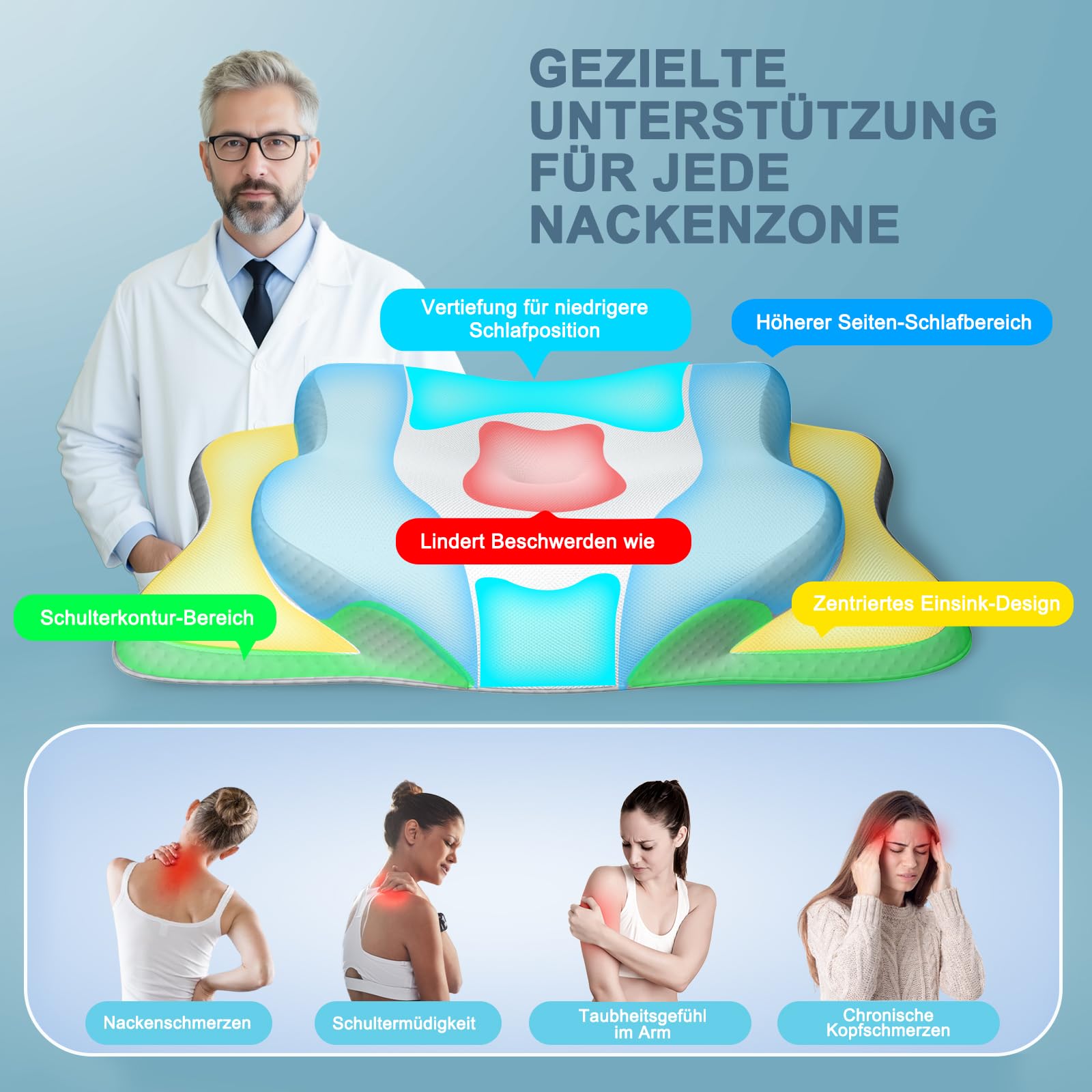 Halskissen, Memory Foam Kissen, Hals Stützkissen, Ergonomisches Kissen, Kissen für Seiten, Rücken- und Bauchschläfer