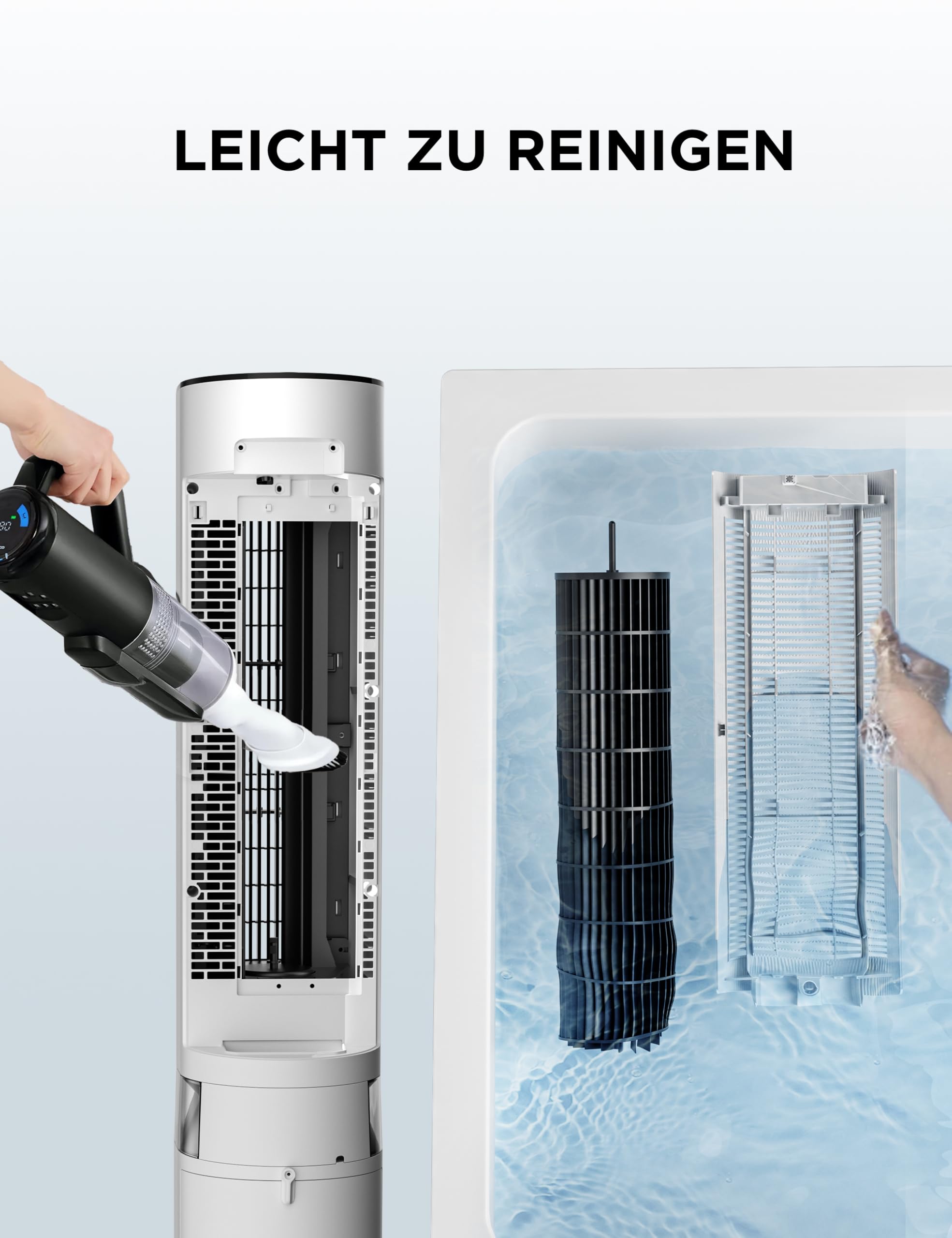 4-in-1 Mobile Klimaanlage Leiser:Luftkühler,Turmgebläse,Luftbefeuchter und Luftreiniger,mit Fernbedienung,5L Wassertank,355m³/h Luftdurchsatz,55W,LED-Display,Timer,Weiß