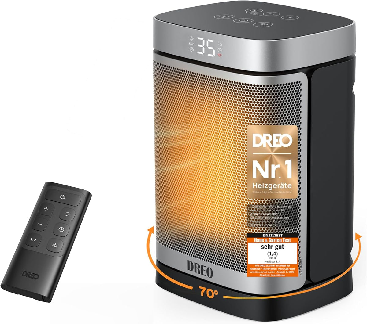 Heizlüfter Energiesparend Klein, 1500W Heizung Elektrisch mit Thermostat, 70° Oszillierend Elektroheizung, PTC Keramik Heizlüfter Leise, ECO-Modus, 12-Std-Timer, Überhitzungs- & Kippschutz