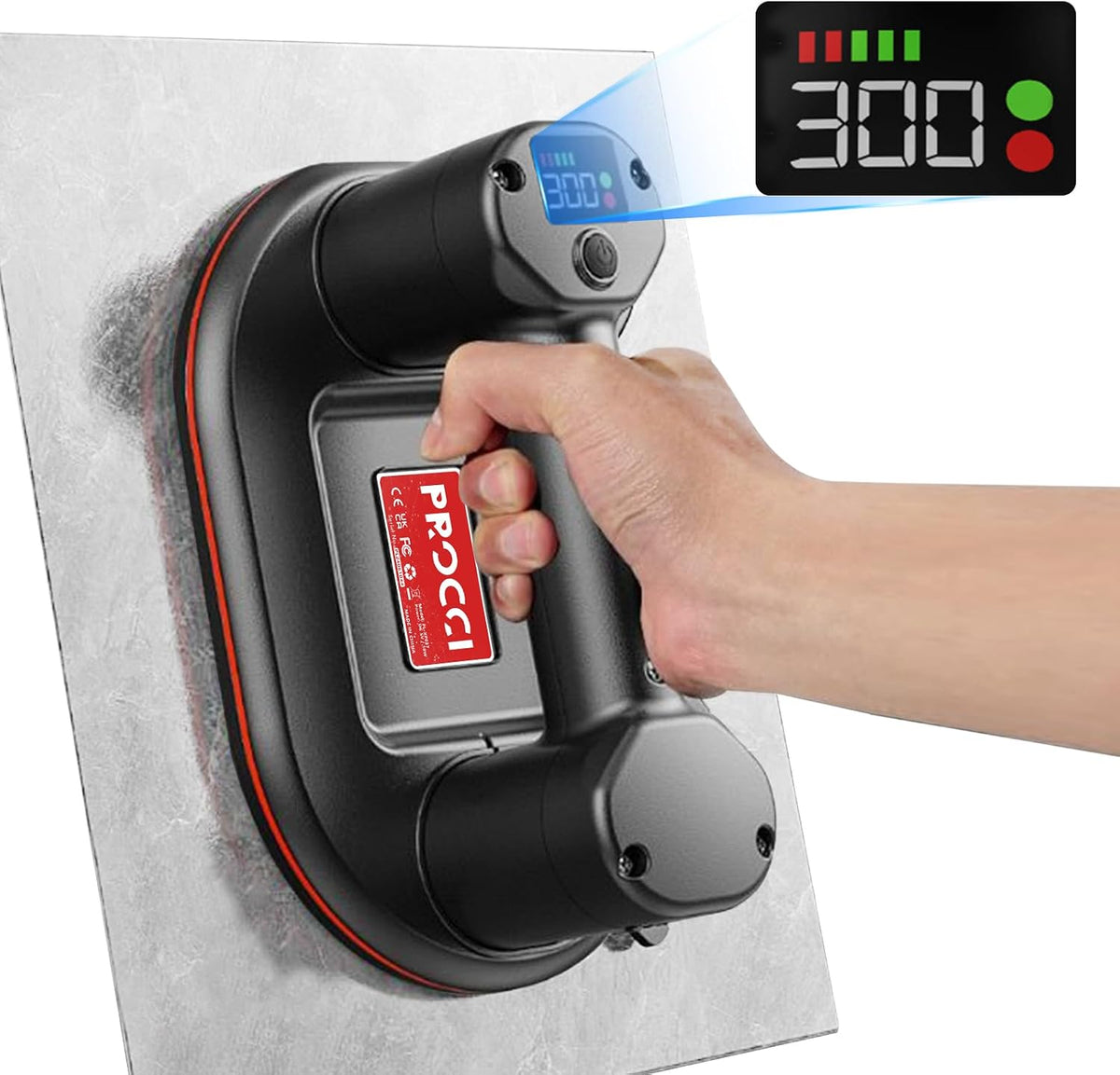 Akku Saugheber für Fliesen, Glas, Marmor, 24 cm Durchmesser, 2 Motoren, 300 kg Saugkraft, LCD-Anzeige für Saugkraft & Akkulaufzeit, 4000 mAh Akku (Professional Edition)
