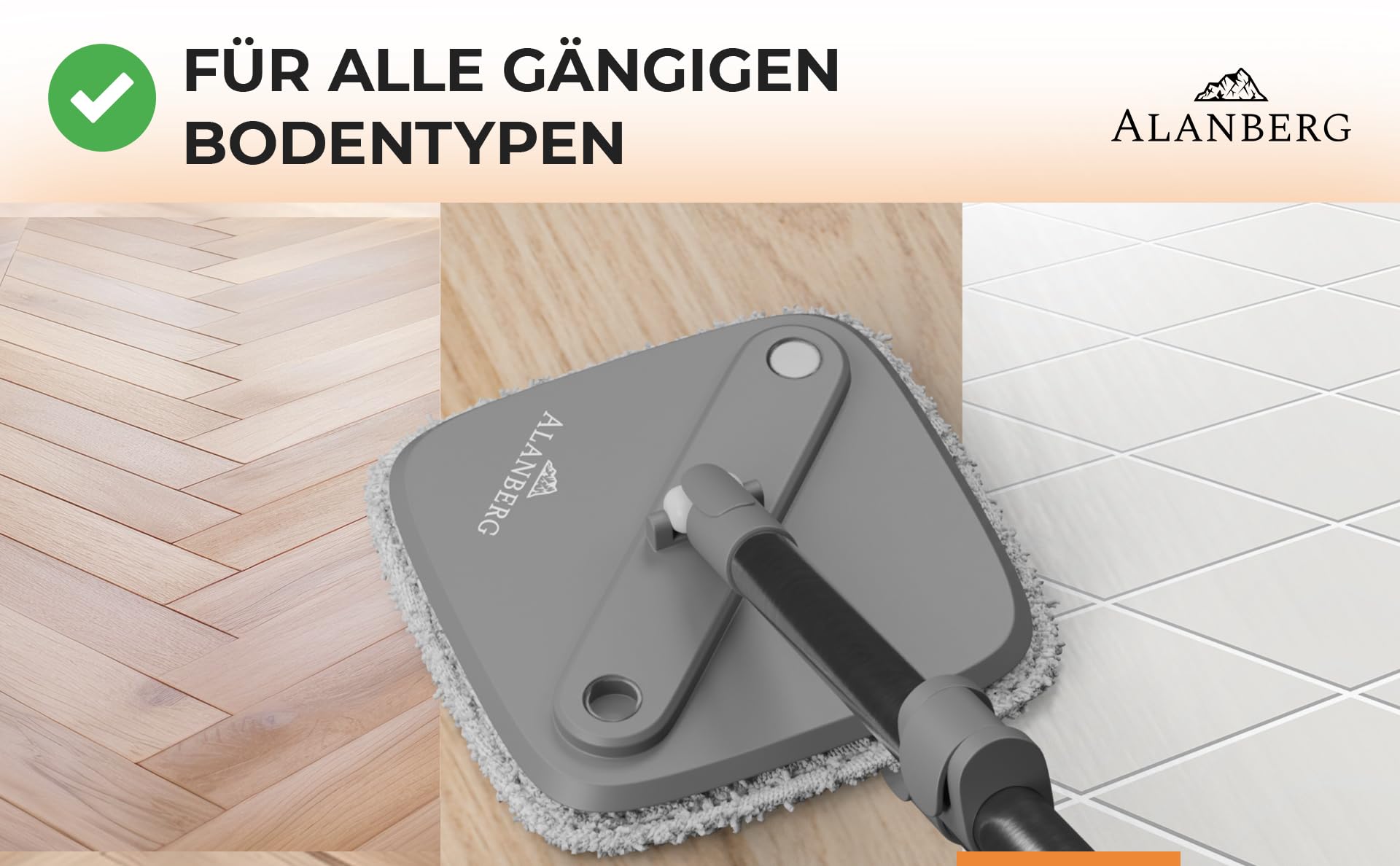 Wischmopp Set mit Eimer, 2-Kammer-System Frisch-/Schmutzwasser Trennung, selbst-auswringend, 160 cm Stiel & 2 Mikrofaser-Pads, für alle Böden, Grau