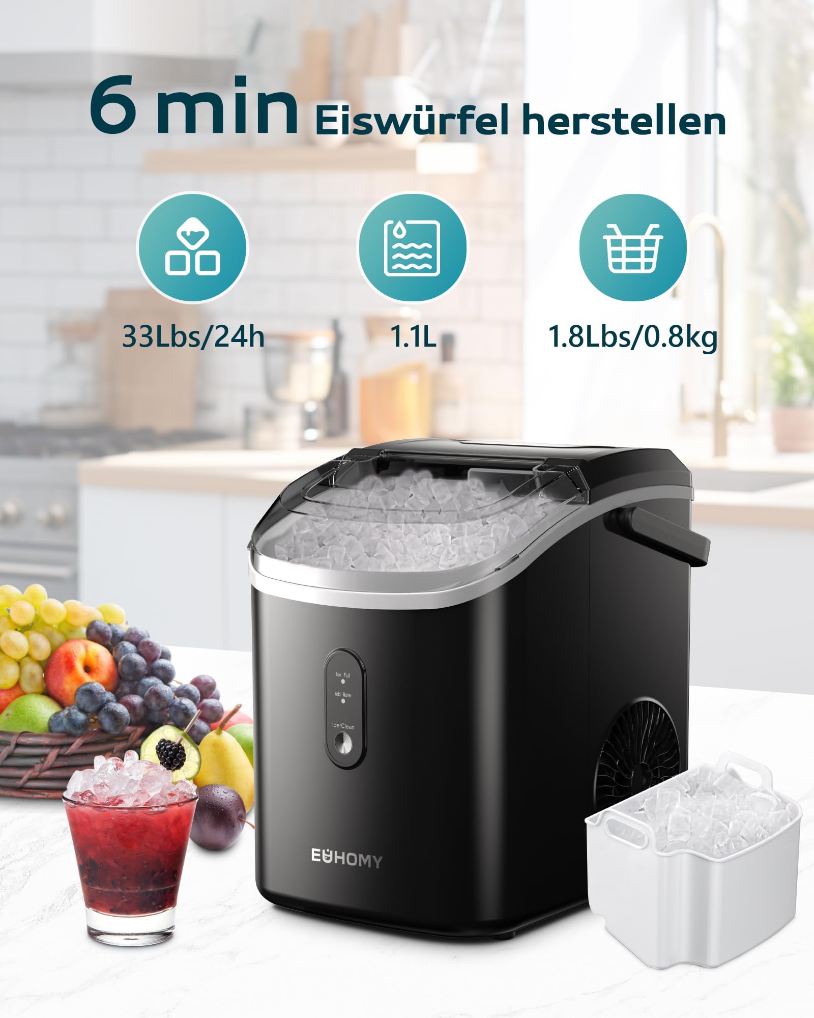 Eiswürfelmaschine Klein, 9 Eiswürfel in 6 Minuten, 12 kg/24H, Eiswürfelmaschine Edelstahl mit Tragbarem Griff, Selbstreinigender Kompakter Eiswürfelmaschinen für Zuhause/Küche/Büro/Bar