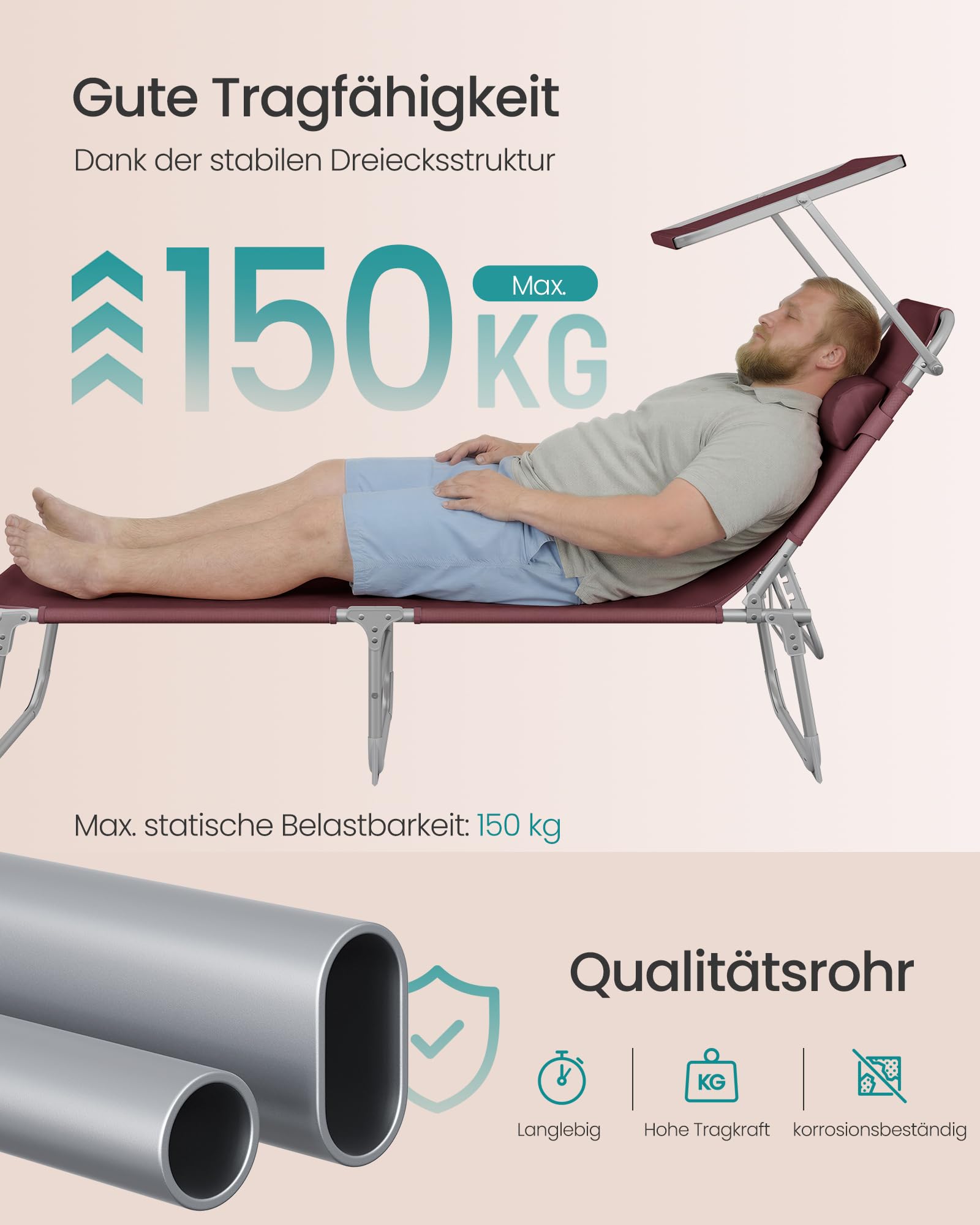 Sonnenliege, klappbarer Liegestuhl, 193 x 53 x 29 cm, trägt bis zu 150 kg, Sonnenschutz, Kopfkissen, verstellbare Rückenlehne, für Garten, Pool, Terrasse