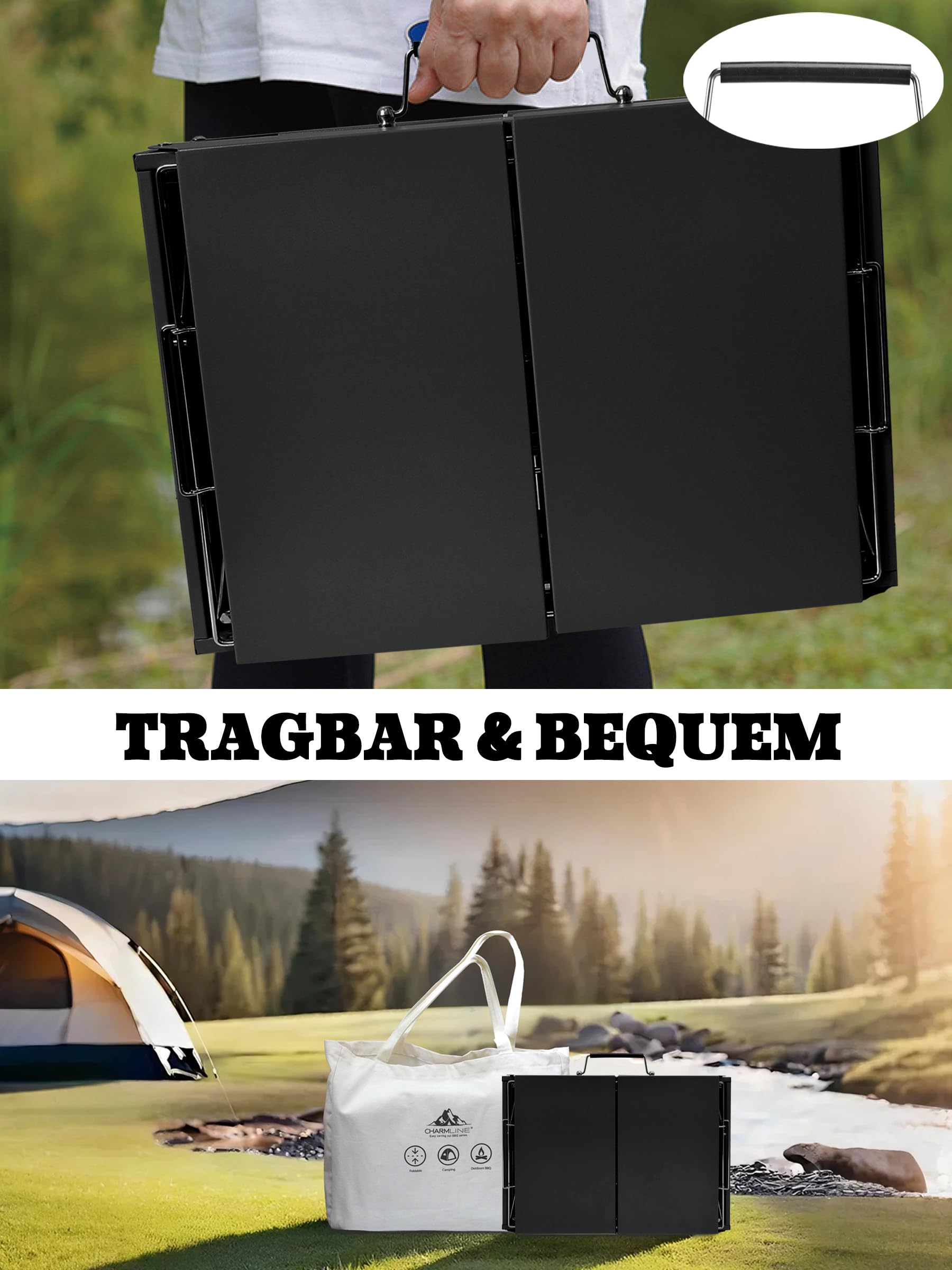 Tragbarer Holzkohlegrill, Klappbarer Campinggrill 35 x 23 cm für 1–3 Personen, Mini BBQ Grill für Balkon, Garten, Camping, Picknick und Strand