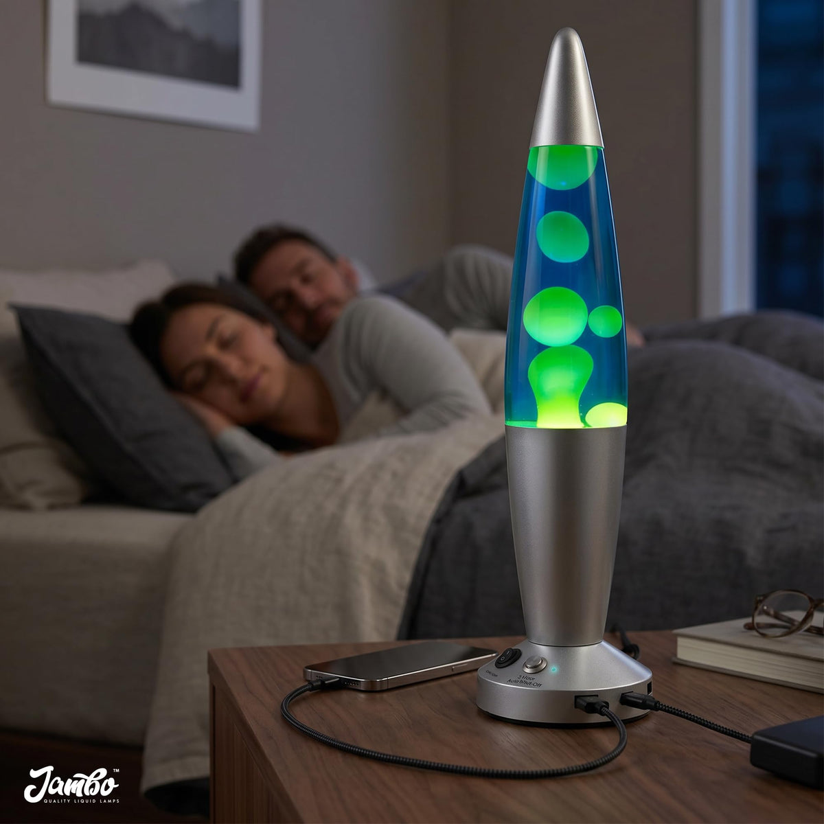 Jambo Liquid-Motion-Lampe mit schwarzem Sockel (Black Base, Purple Liquid, White Wax, 16")
