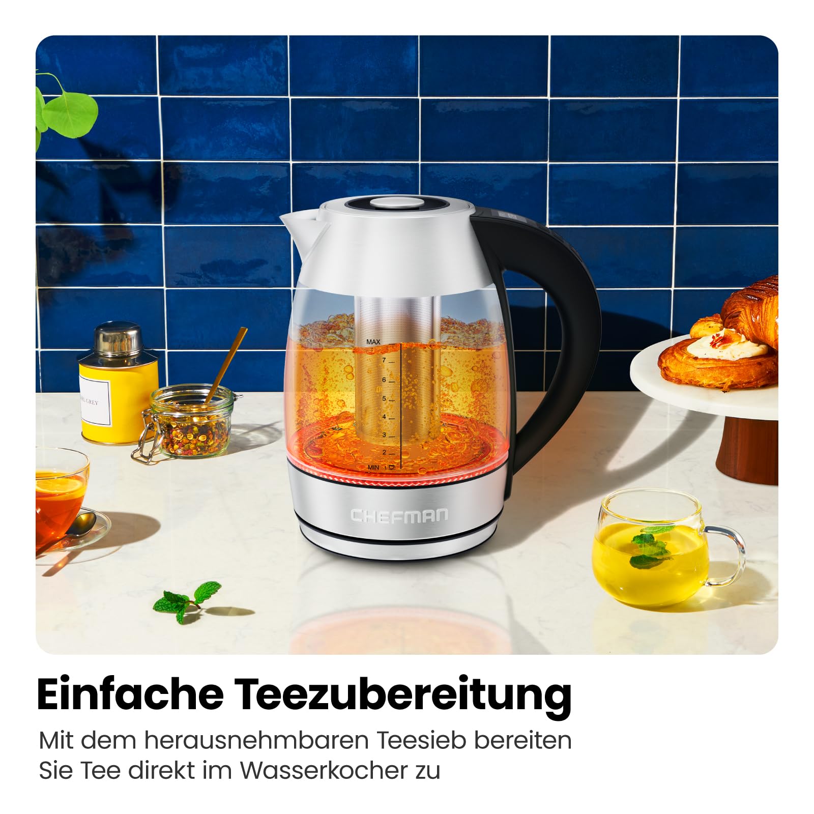 Elektrischer Wasserkocher Glas mit Teesieb, 1.8 Liter, LED-Anzeige / BPA-Frei, 2200 Watt, Edelstahl