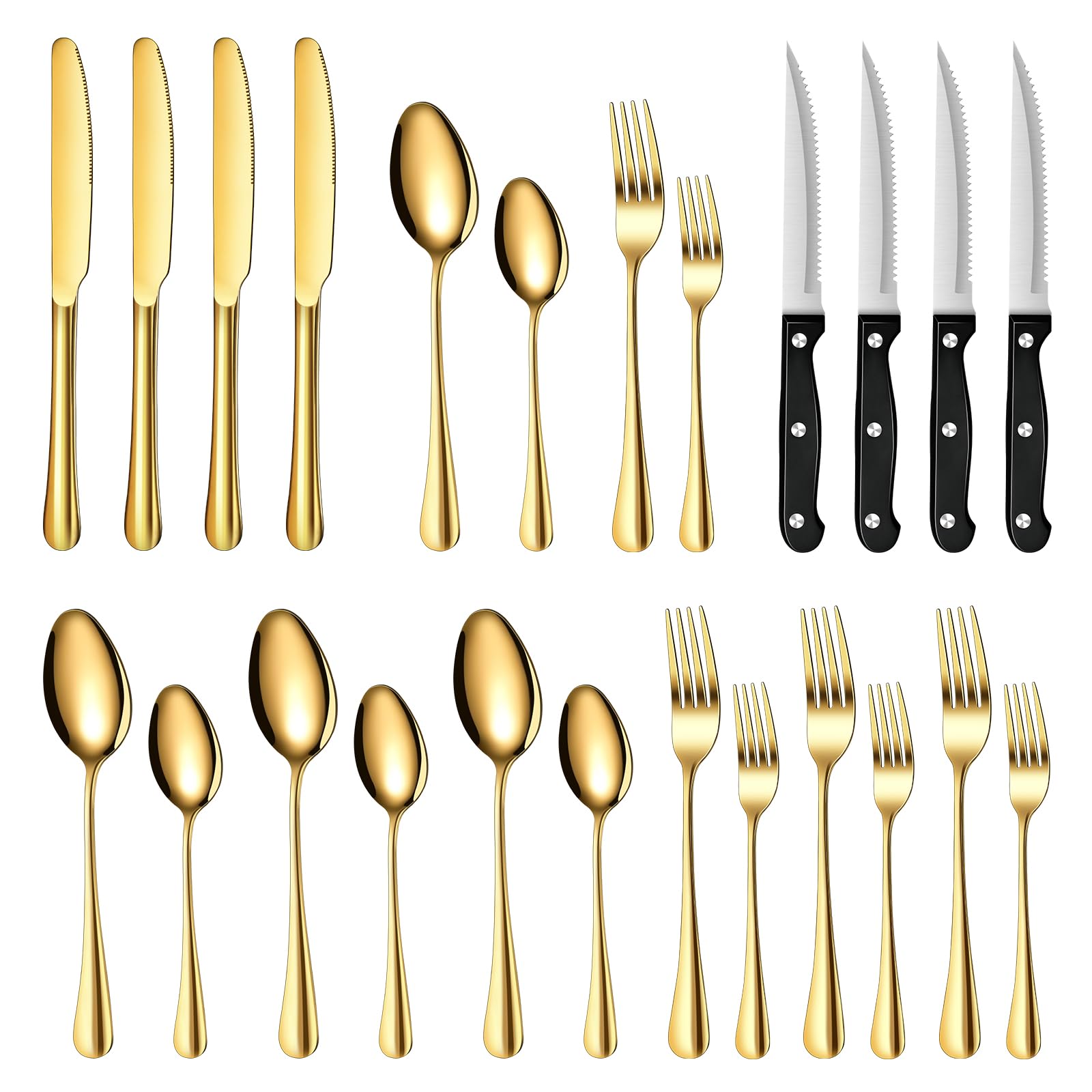 Besteck Set Schwarz für 8 Personen, 48-teiliges Edelstahlbesteckset mit Steakmesser, elegantes Besteck mit Messer, Gabel, Löffel, Besteck für Küche/Restaurant