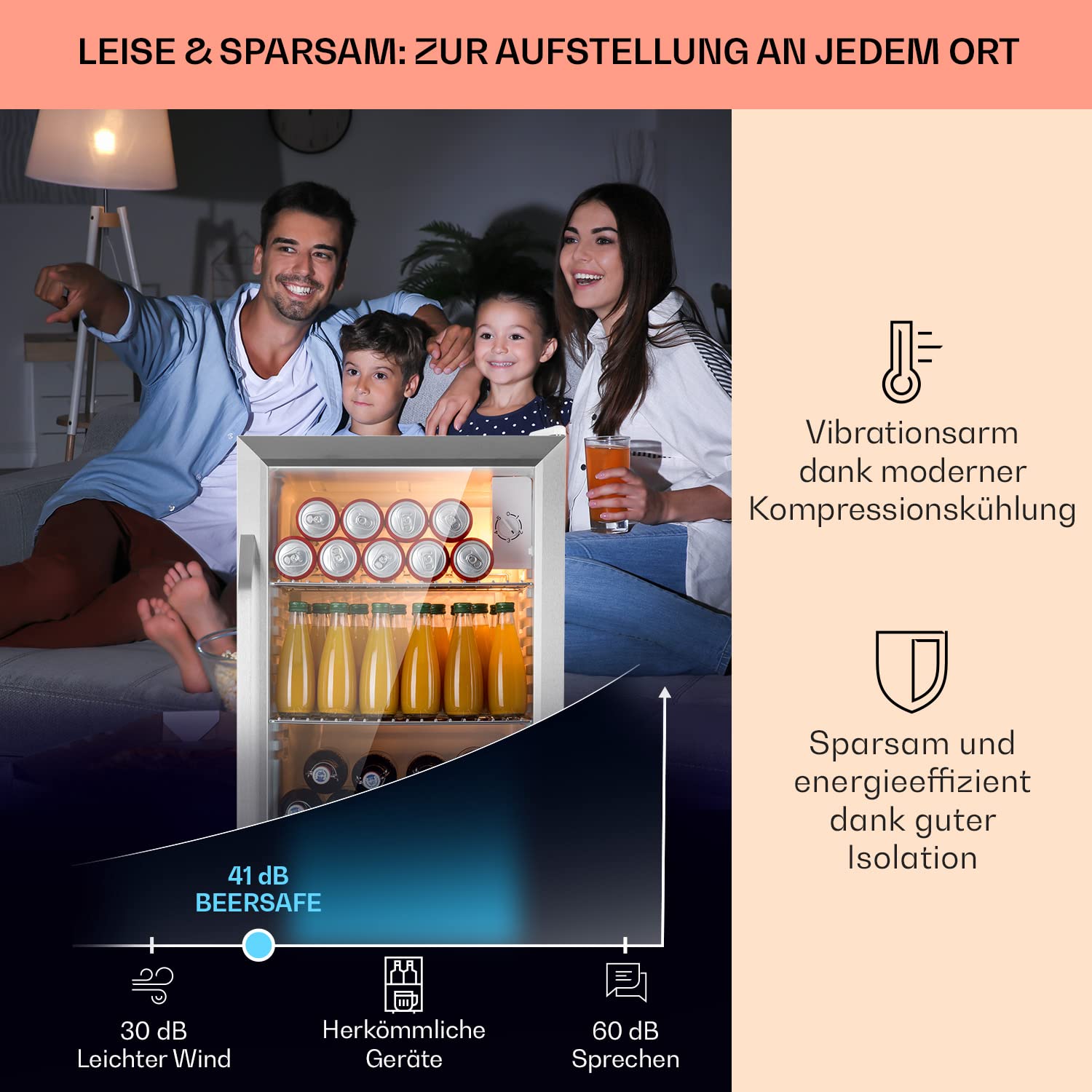 Beersafe Getränkekühlschrank 60 L – Mini Kühlschrank mit Glastür, Kupfer | LED-Beleuchtung, herausnehmbare Metallablagen, leise, Flaschenkühlschrank für Getränke & Dosen
