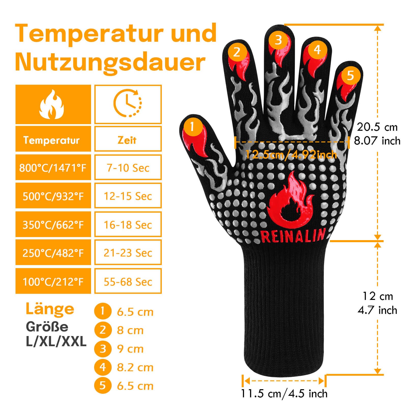 Reinalin Grillhandschuhe Hitzebeständig bis 800°C, Ofenhandschuhe Topfhandschuhe Feuerfeste Handschuhe BBQ Handschuhe Kochhandschuhe Backhandschuhe Backofenhandschuhe (L/XL/XXL, Schwarz)