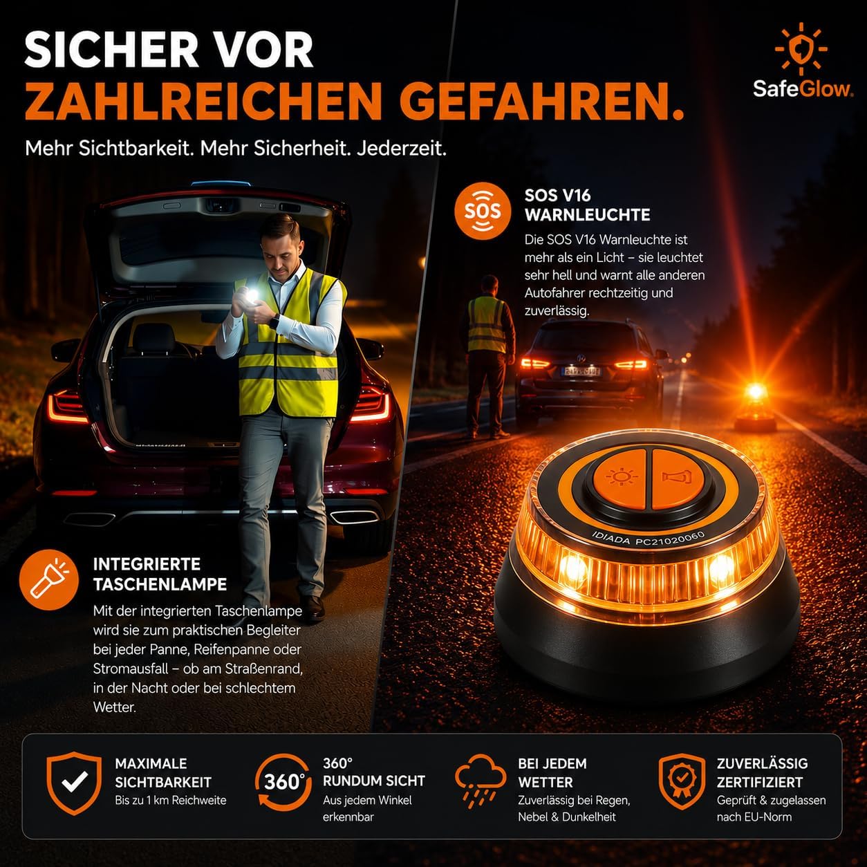 Warnleuchte V16 Notlicht 2026 IDIADA Zulassung Nr. PC21020060 - Warndreieck - Pannendreieck - EU Zulassung - für Auto & Motorrad