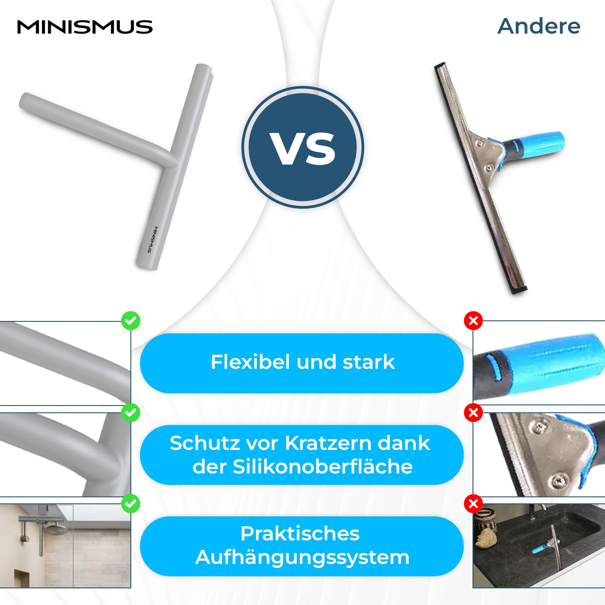 Fensterabzieher mit Aufhänger – Profi Abzieher Dusche - Duschabzieher – Schlierenfrei – Hochwertiger Silikon - Antirutsch