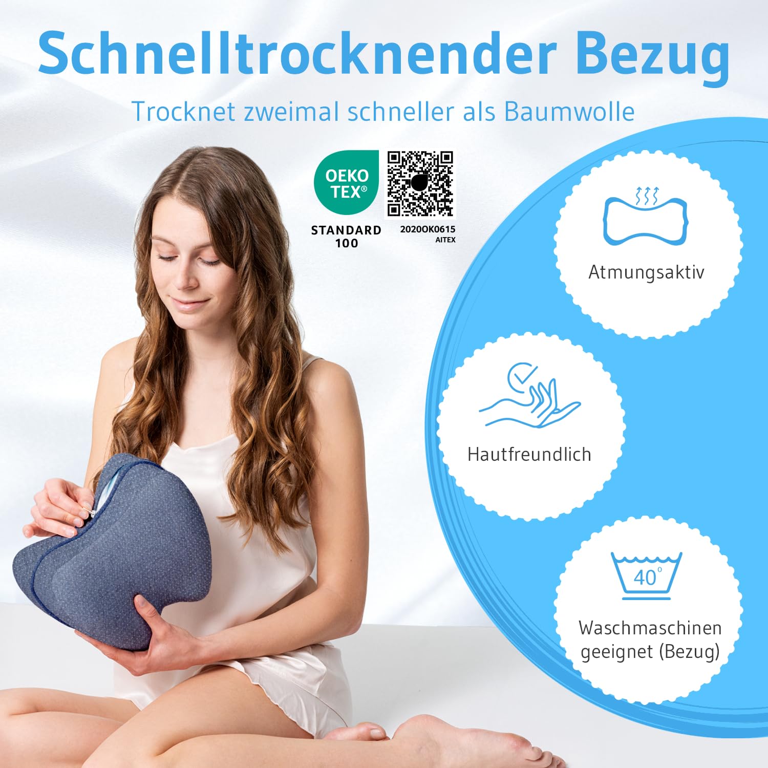 Kniekissen für Seitenschläfer, Orthopädisches Bein-Kissen für eine optimale Schlafhaltung, Ergonomisches Lagerungskissen aus viscoelastischem Memory Schaum, atmungsaktiver & waschbarer Bezug 23,5x9,5