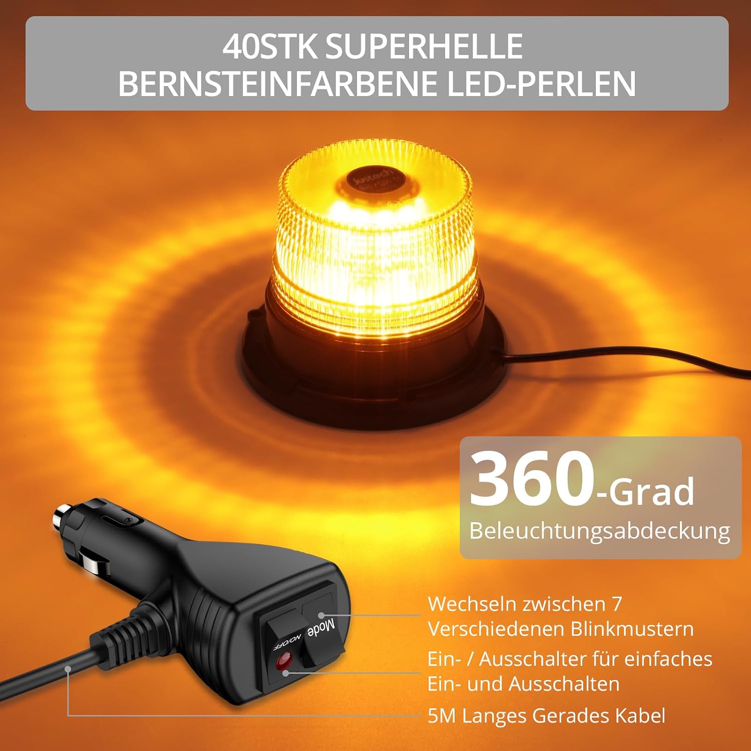 Warnleuchte Rundumleuchte 360° Gelb Blitzleuchte 7 modus mit 5m Netzkabel Doppelter Schraube 12V / 24V Warnlicht mit Magnetfuß Notfallblinklampe Magnet Transparent für Auto LKW usw