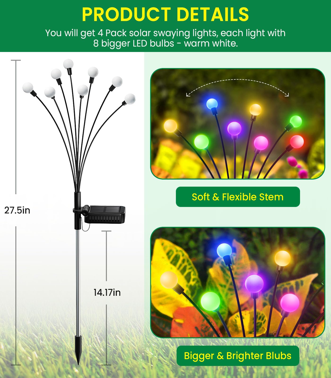 Solarlampen für Außen Garten 4 Stück, 32LED Superhelle 2 Lichtmodi Glühwürmchen Solarleuchten für Außen mit Warmweißem Licht IP65 Wasserdicht Schwingende Garten-Deko für Pathway Yard