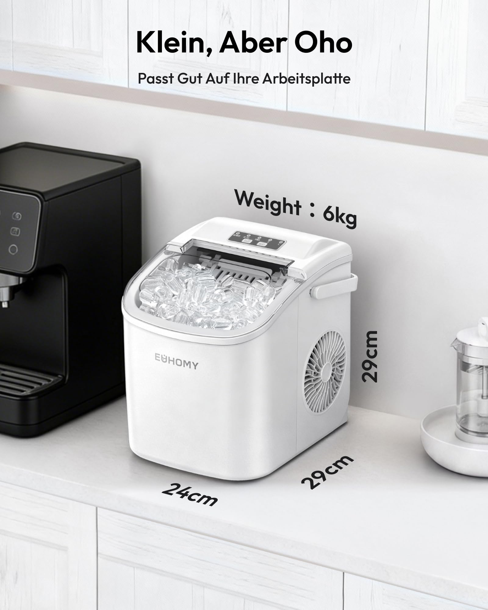 Eiswürfelmaschine Klein, 9 Eiswürfel in 6 Minuten, 12 kg/24H, Eiswürfelmaschine Edelstahl mit Tragbarem Griff, Selbstreinigender Kompakter Eiswürfelmaschinen für Zuhause/Küche/Büro/Bar