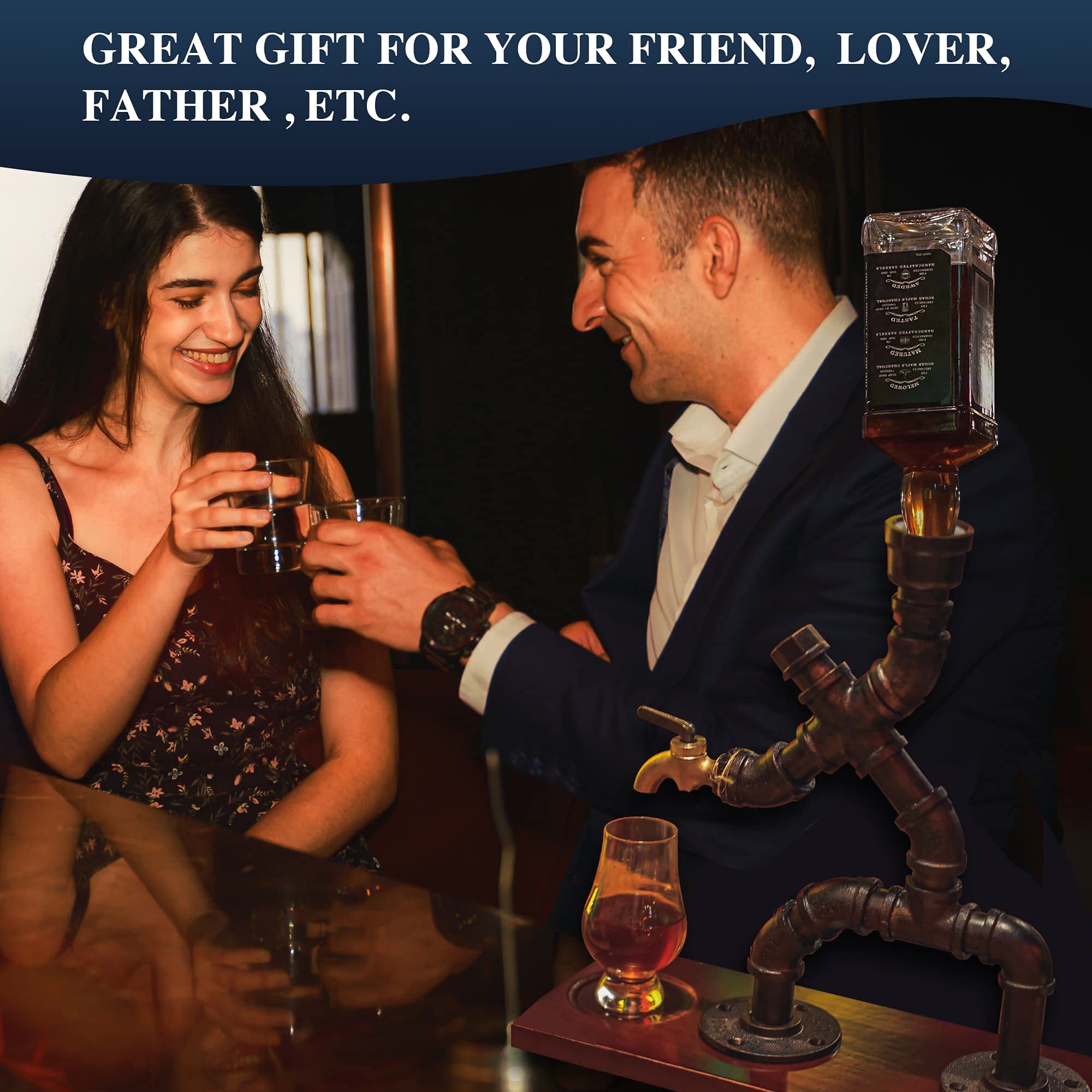 Whiskyspender Silber mit flambiertem Holz – Steampunk Getränkespender aus Metall mit Silikonschlauch – Geschenkidee für Männer & Bar Deko