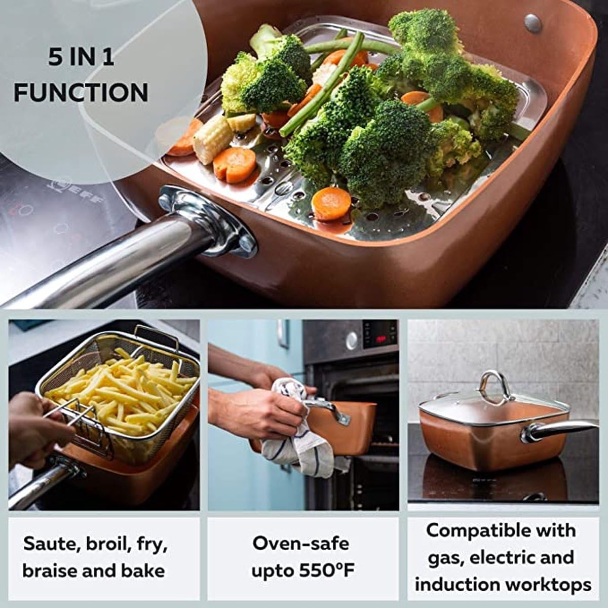 5-in-1 Multifunktions-Bratpfanne mit Deckel, Zubehör für 6 Personen, 6 l, 28 cm Ölfritteuse – PFOA-freie Antihaft-Keramikbeschichtung – Induktions-, Gas-, Elektro- und Backofengeeignet